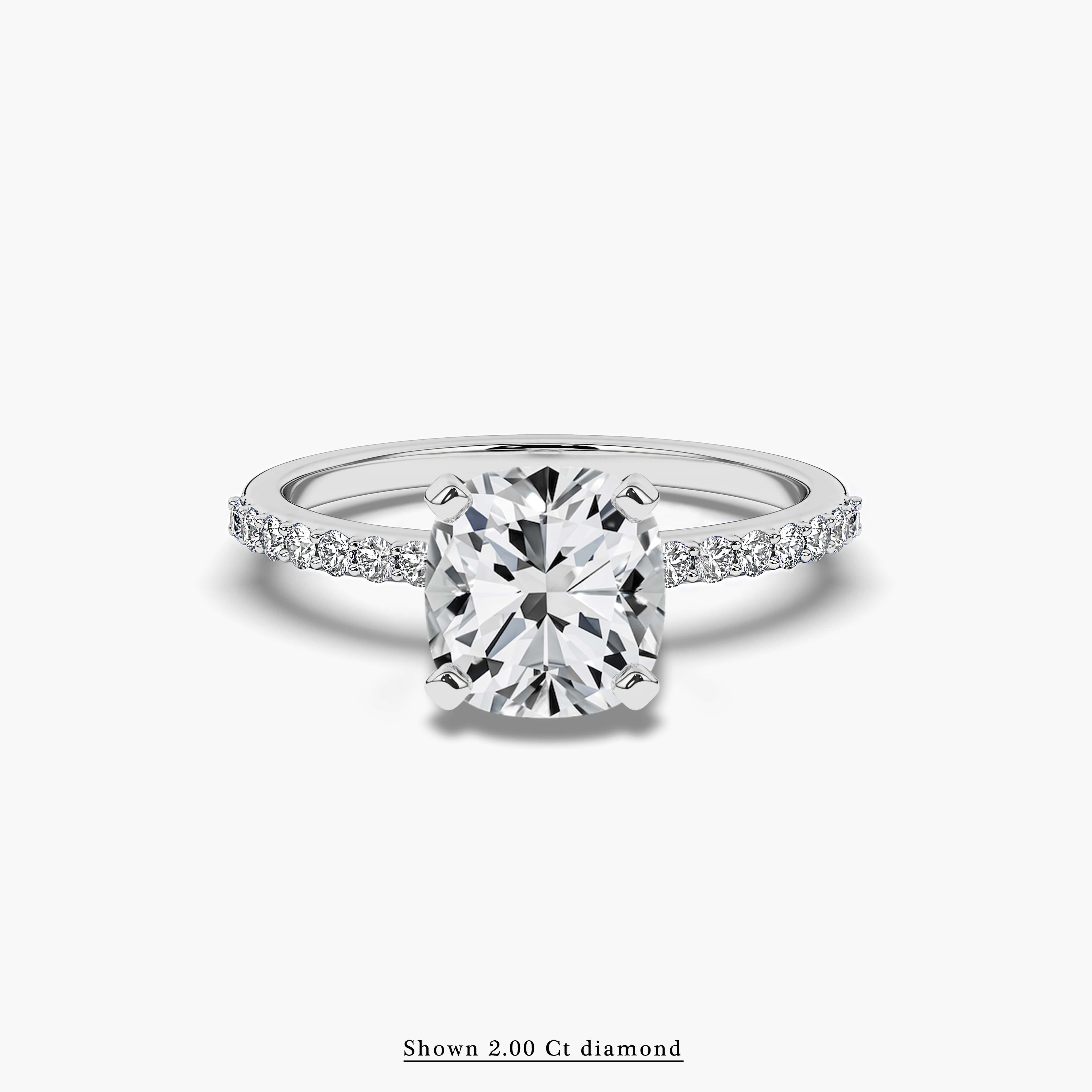 White Gold Cushion Cut Solitaire With Pave Diamond Engagement Ring