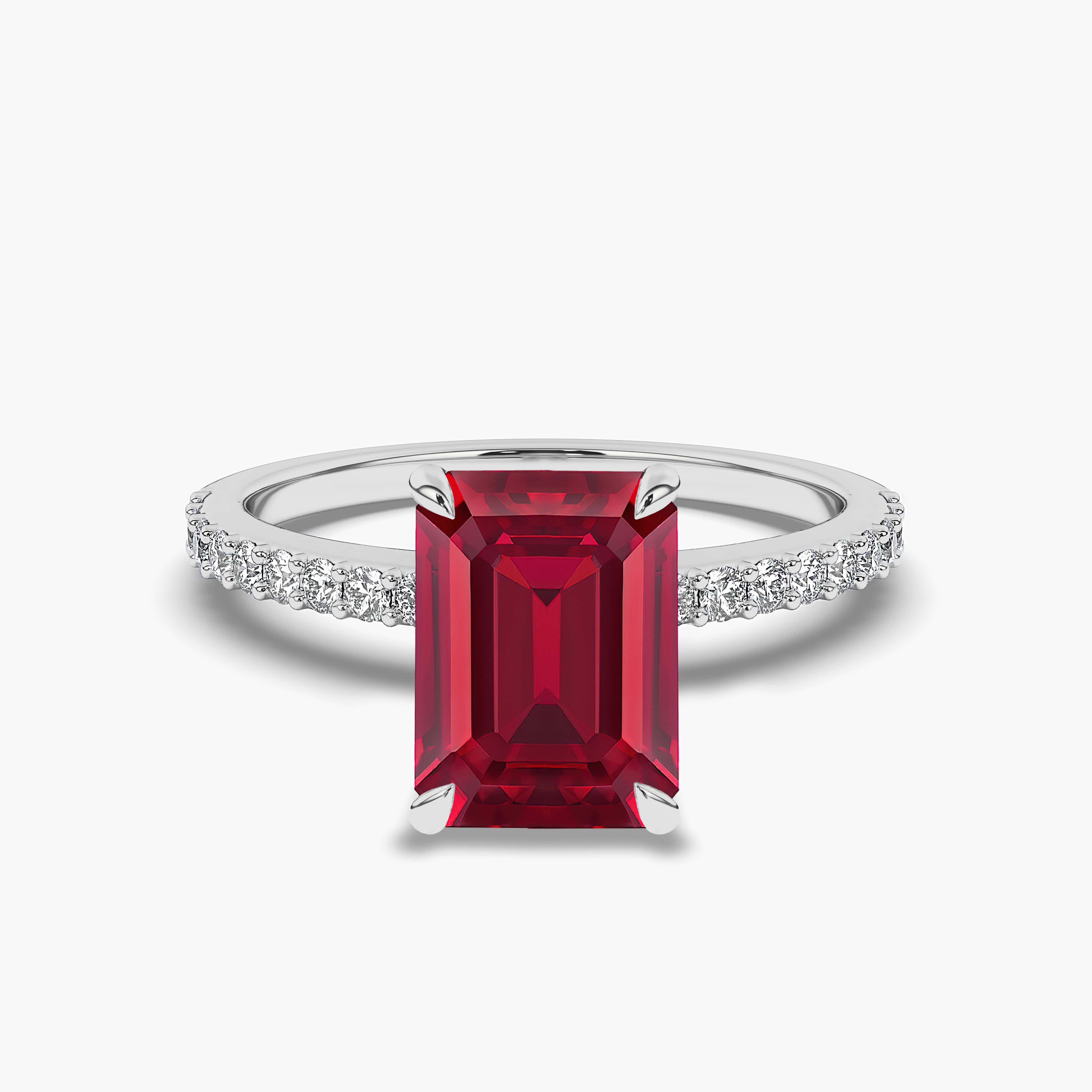 Emerald Cut Created Ruby and Diamond Ring In For Women