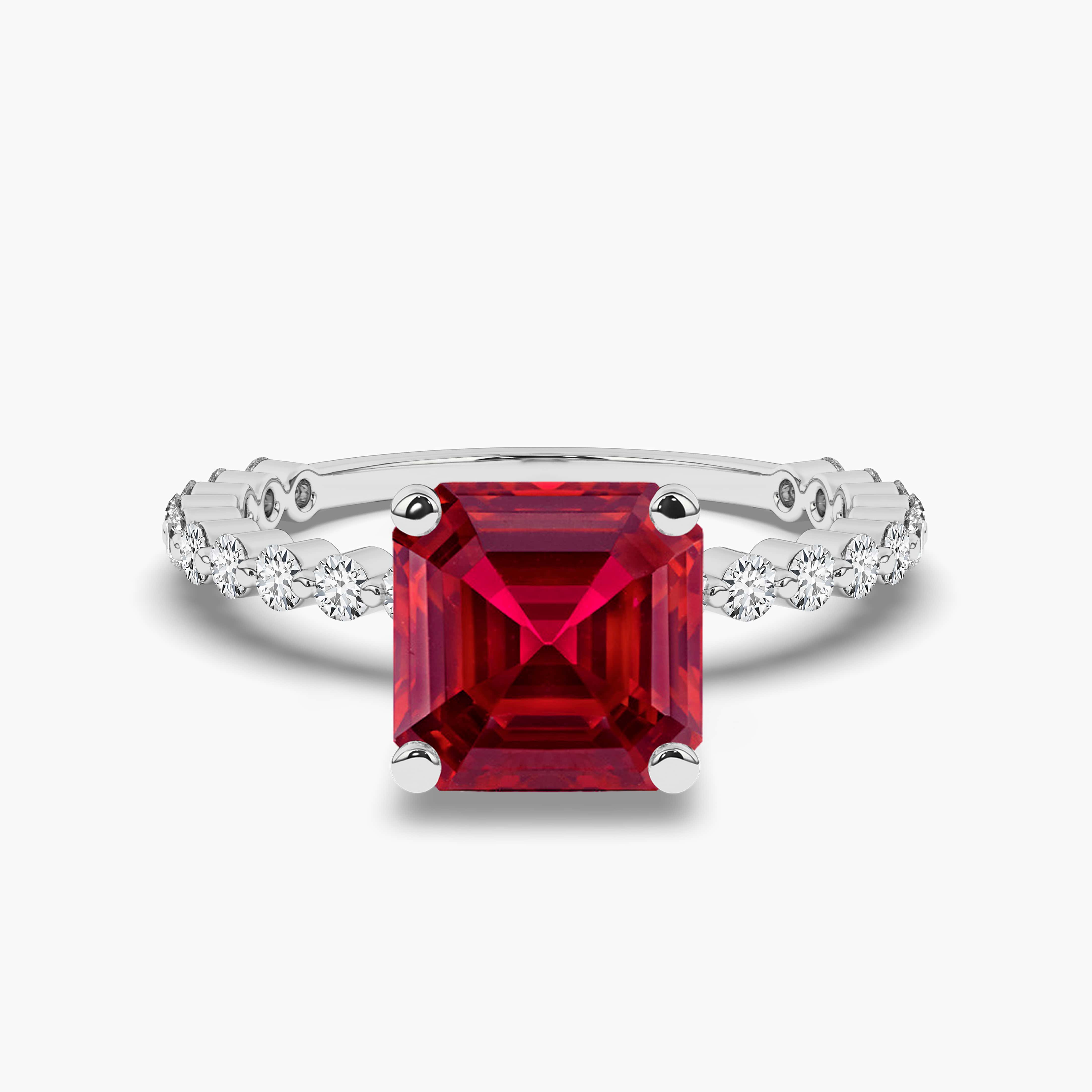 Asscher Cut Created Ruby Solitaire Engagement Ring with Diamond Side Stones White Gold