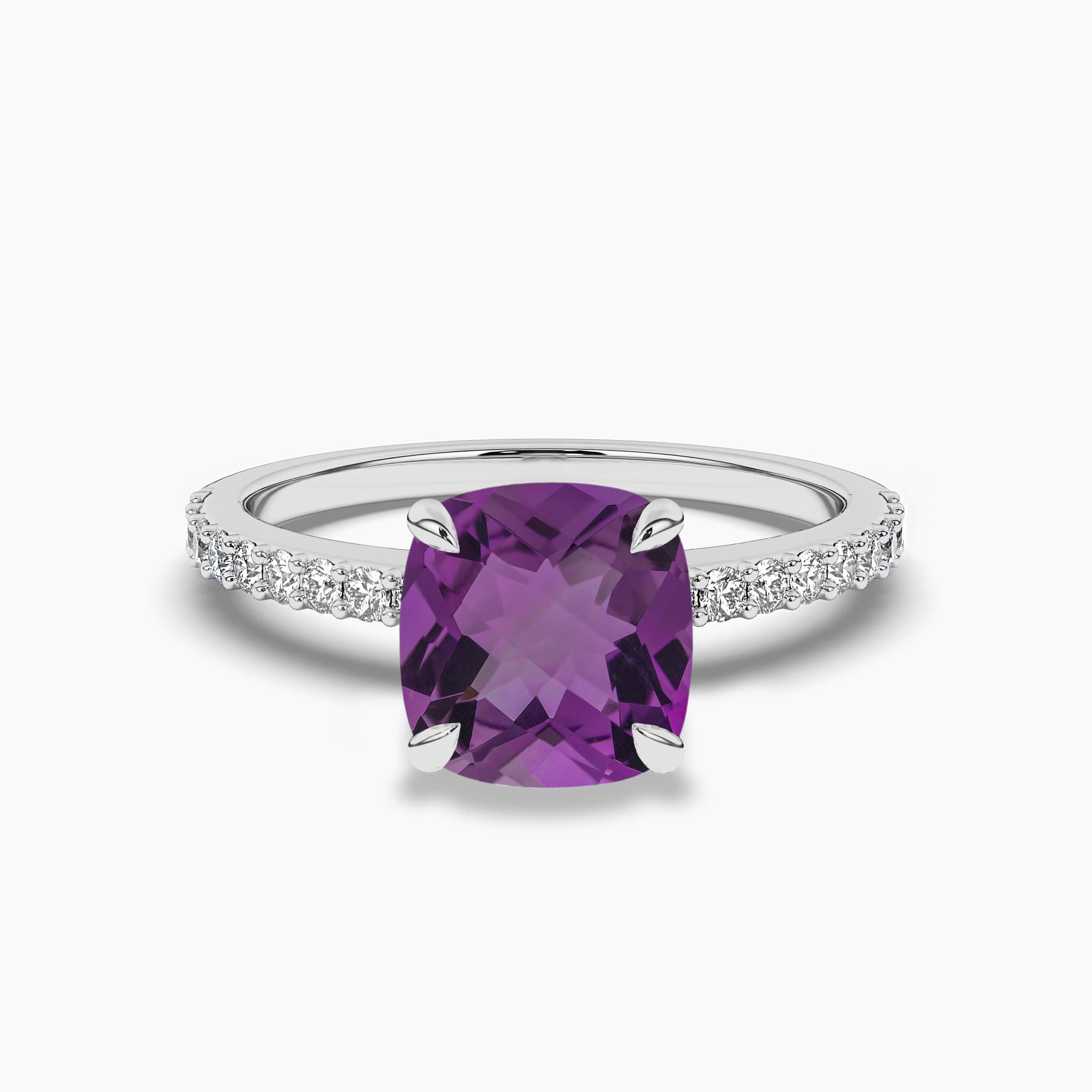 Cushion-Cut Amethyst and Diamond Frame Ring in White Gold