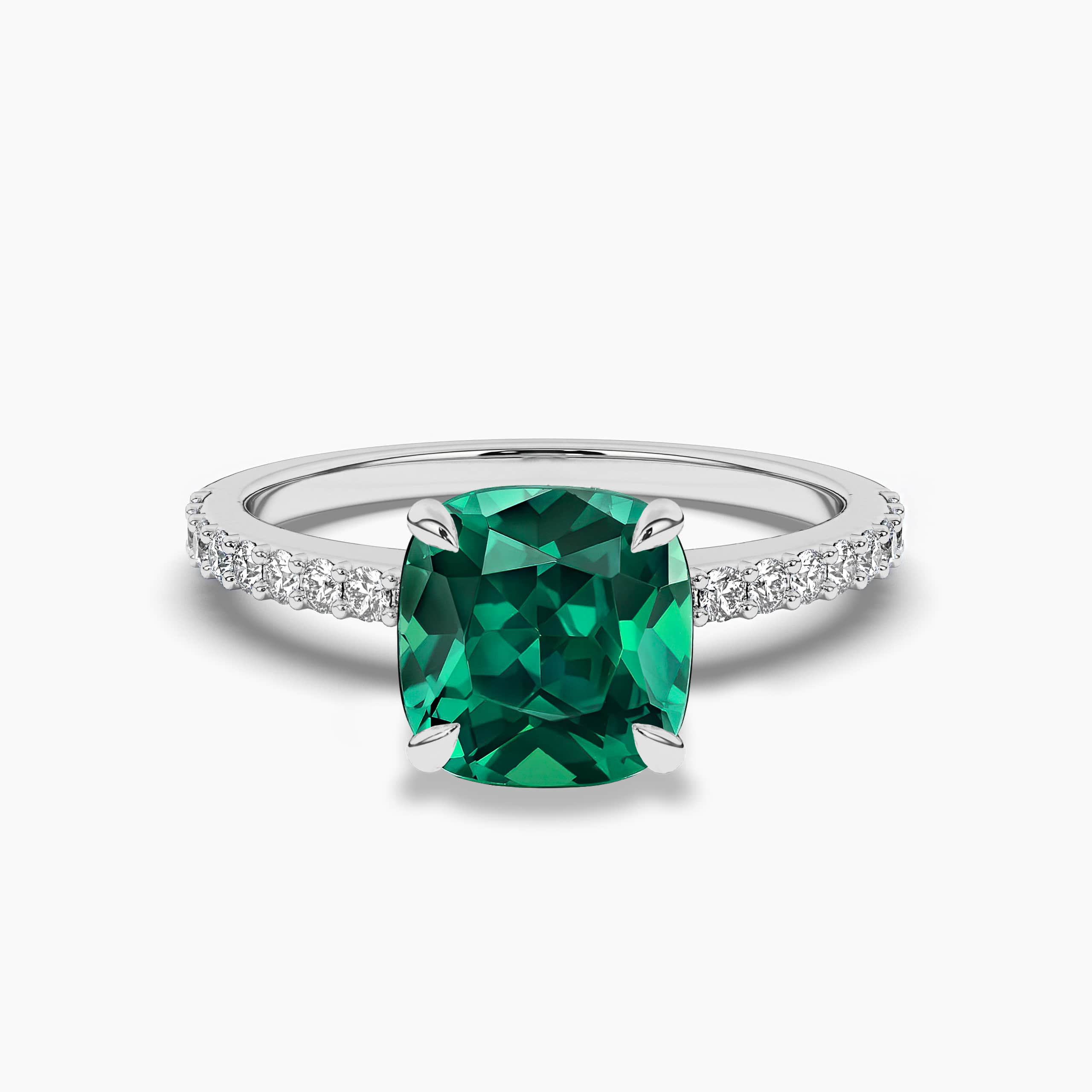  CUSHION CUT EMERALD & DIAMOND ENGAGEMENT RING WHITE GOLD