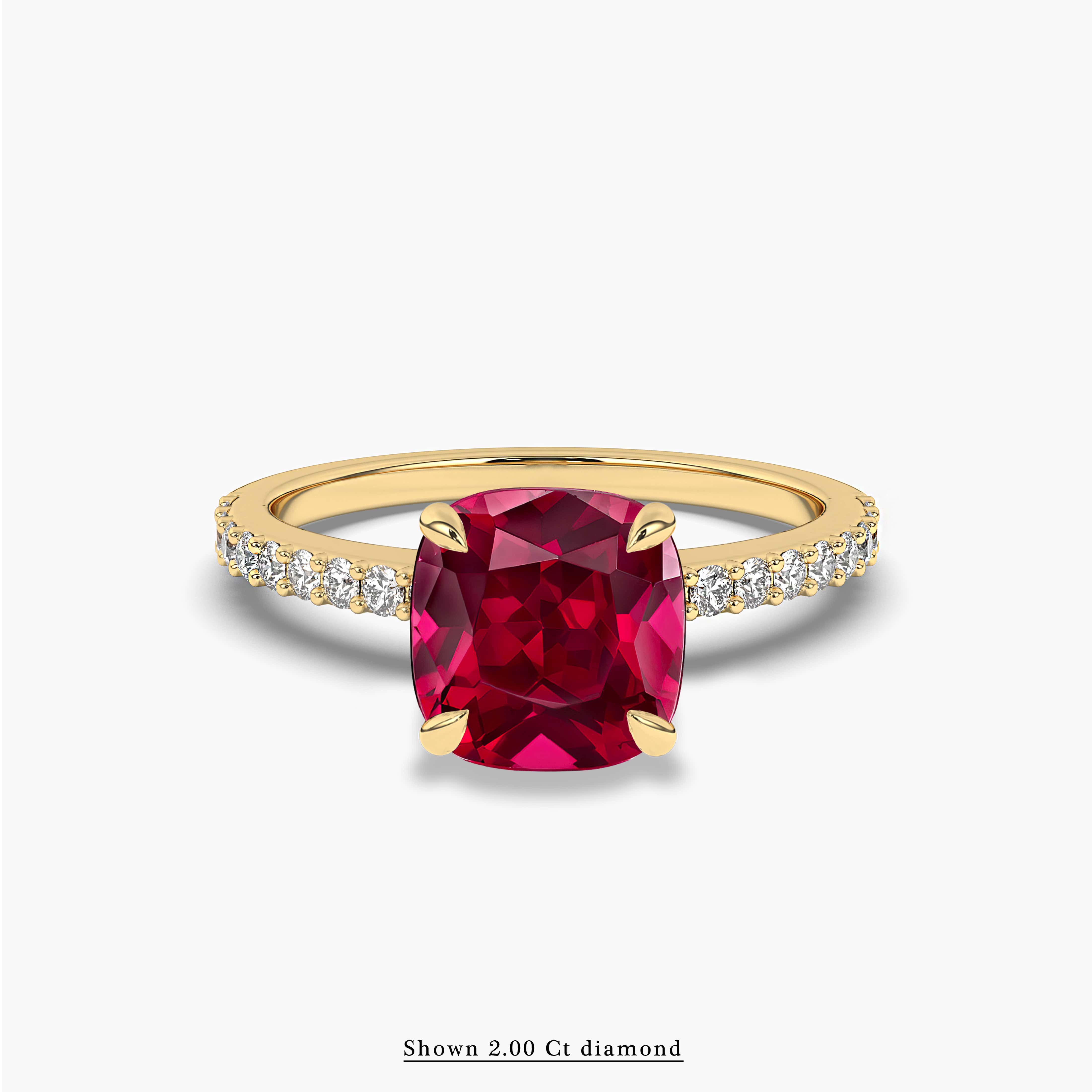 Cushion Cut Ruby and Halo Diamond Ring In Yellow Gold