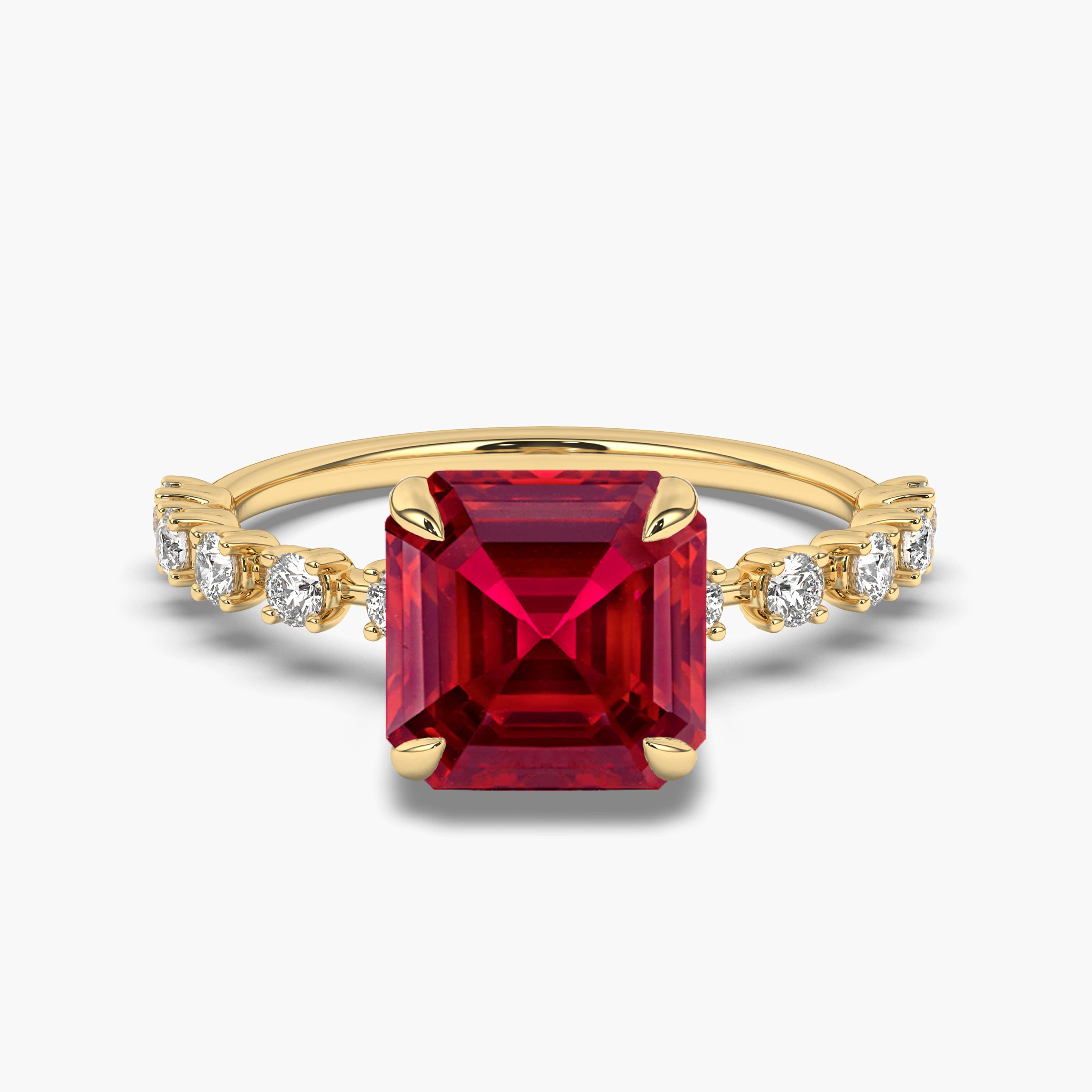 Asscher Cut Red Ruby Diamond Ring Yellow Gold