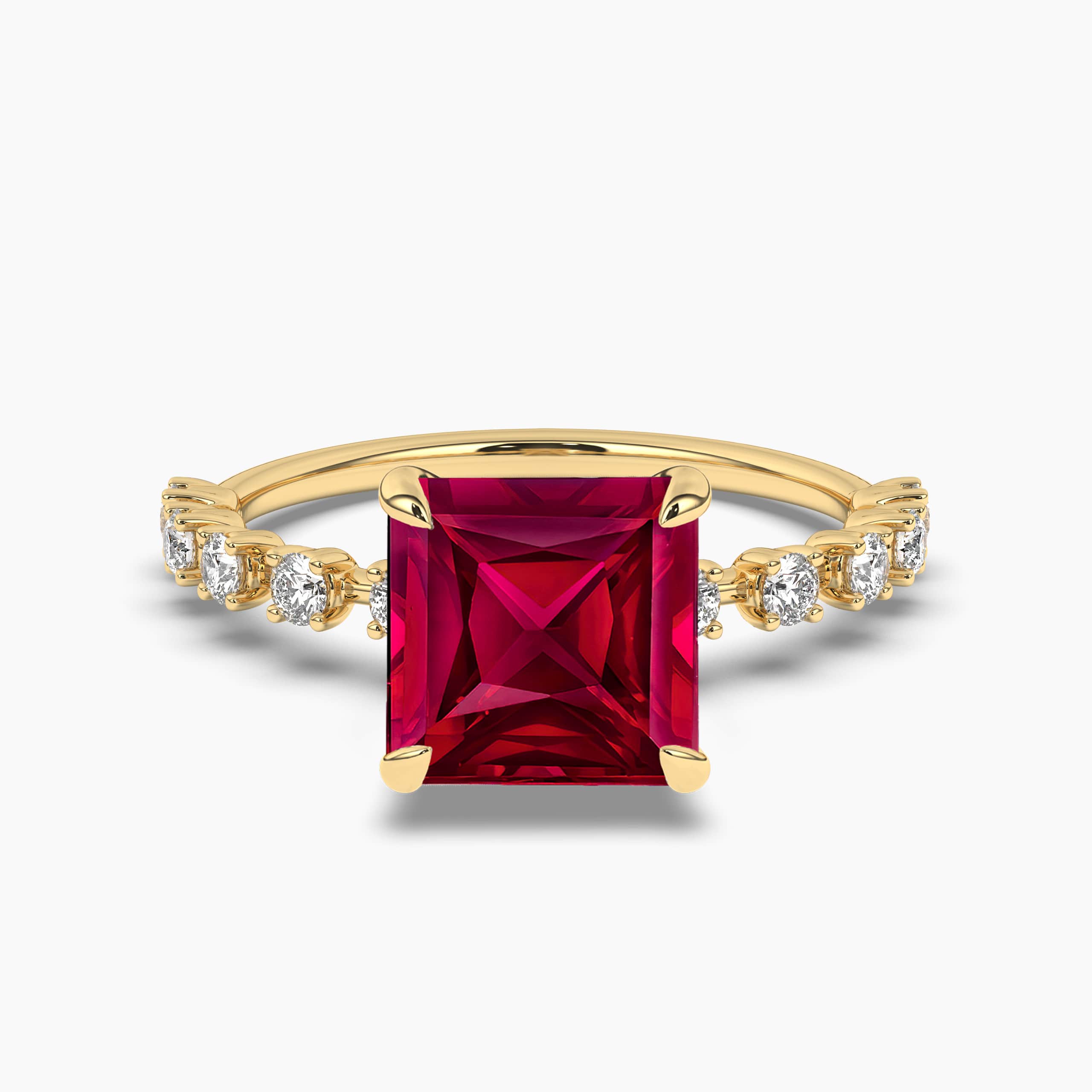 Princess Ruby Emerald Cut Yellow Gold Diamond  Engagement Ring