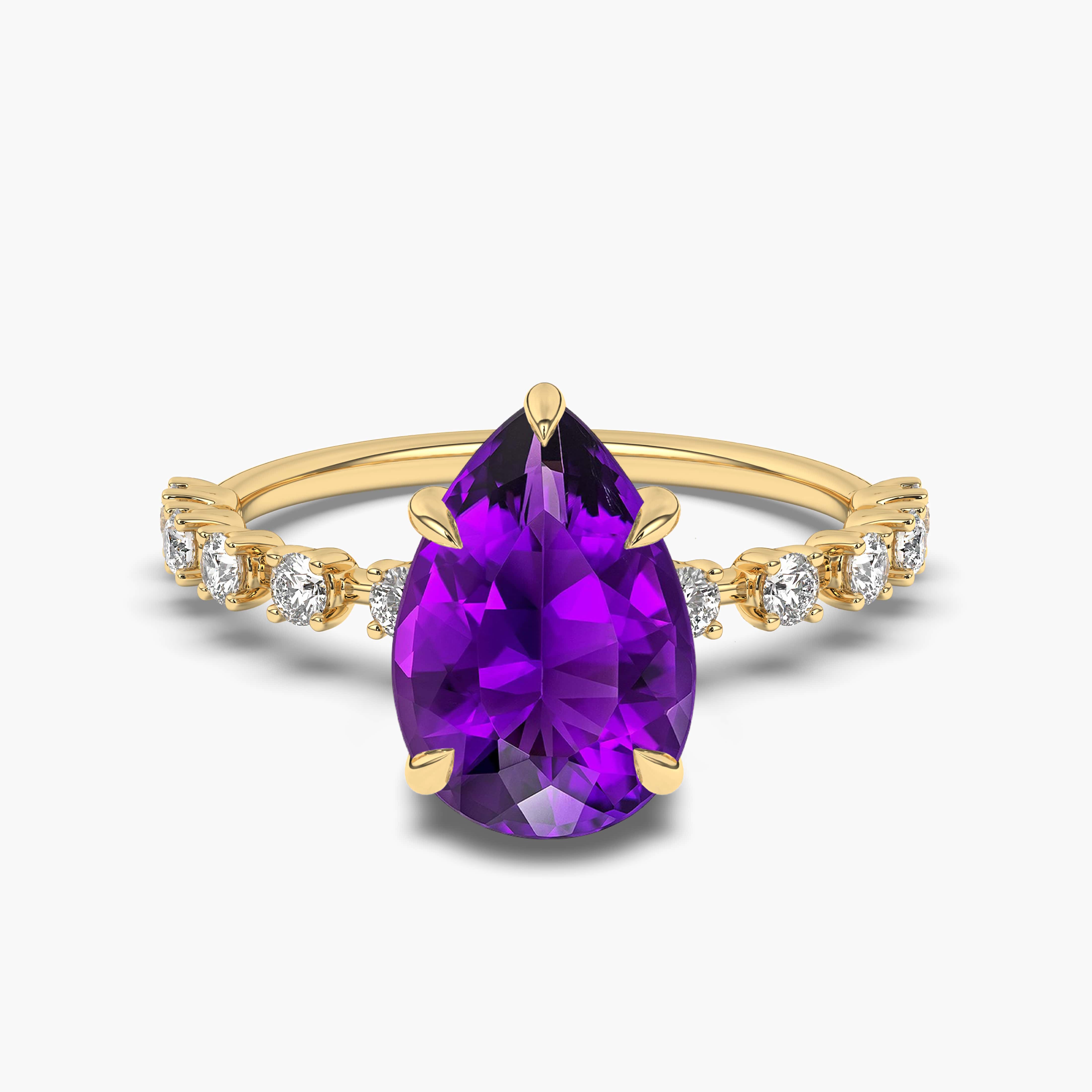 YELLOW GOLD NATURAL AMETHYST PEAR-CUT DIAMOND RING