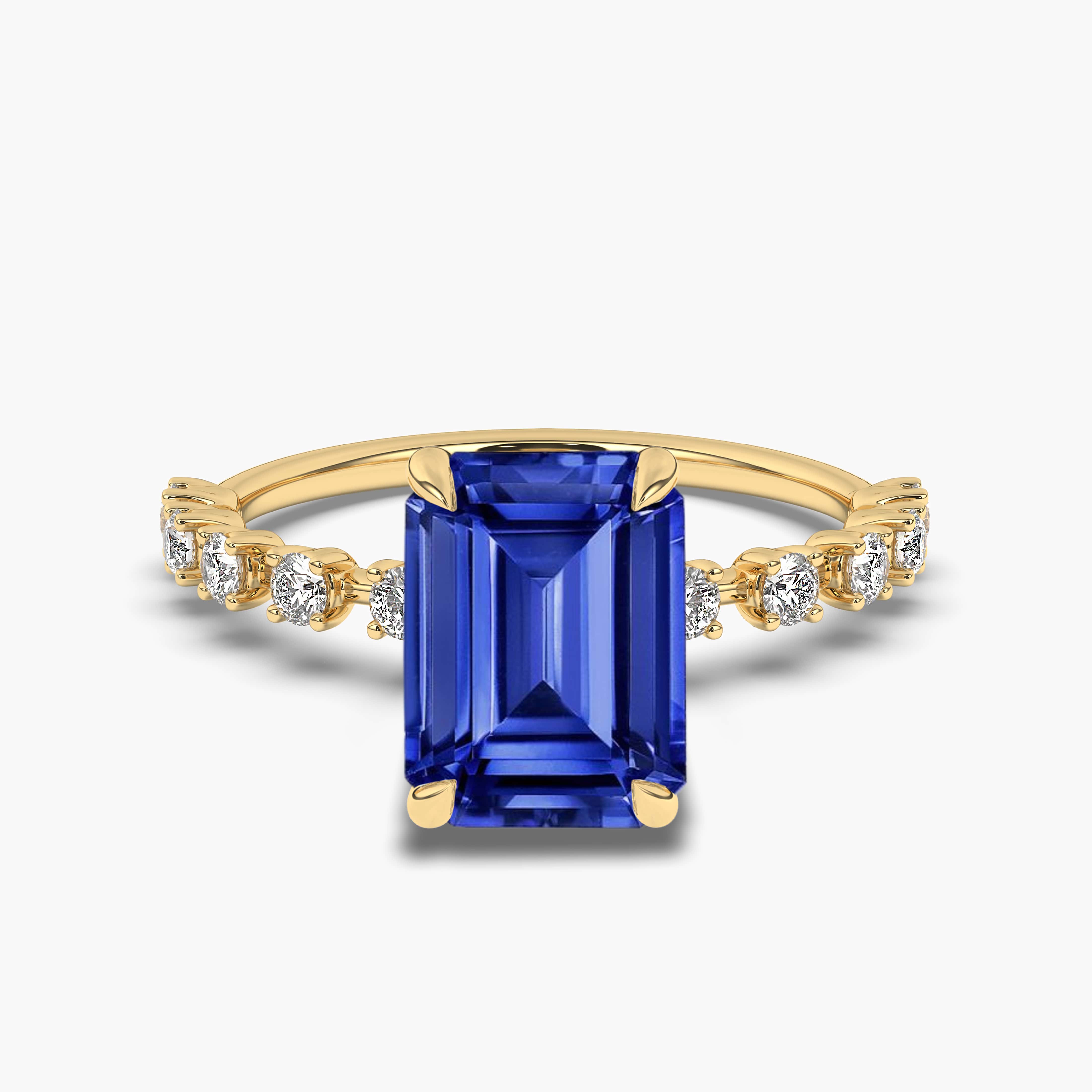 Blue Sapphire Yellow Gold Emerald Cut Engagement Ring 