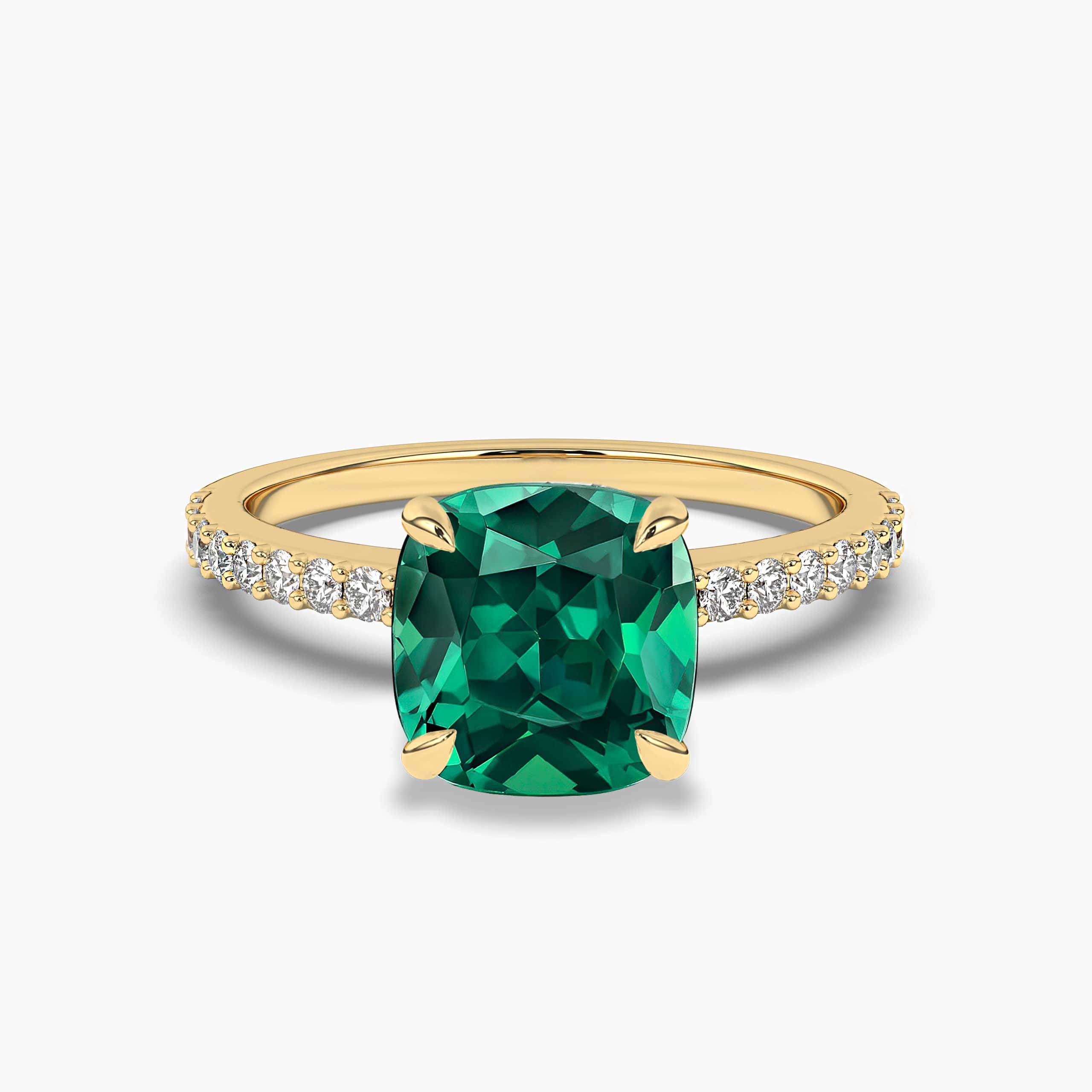 Cushion Cut Emerald and Diamond Ring In Yellow Gold