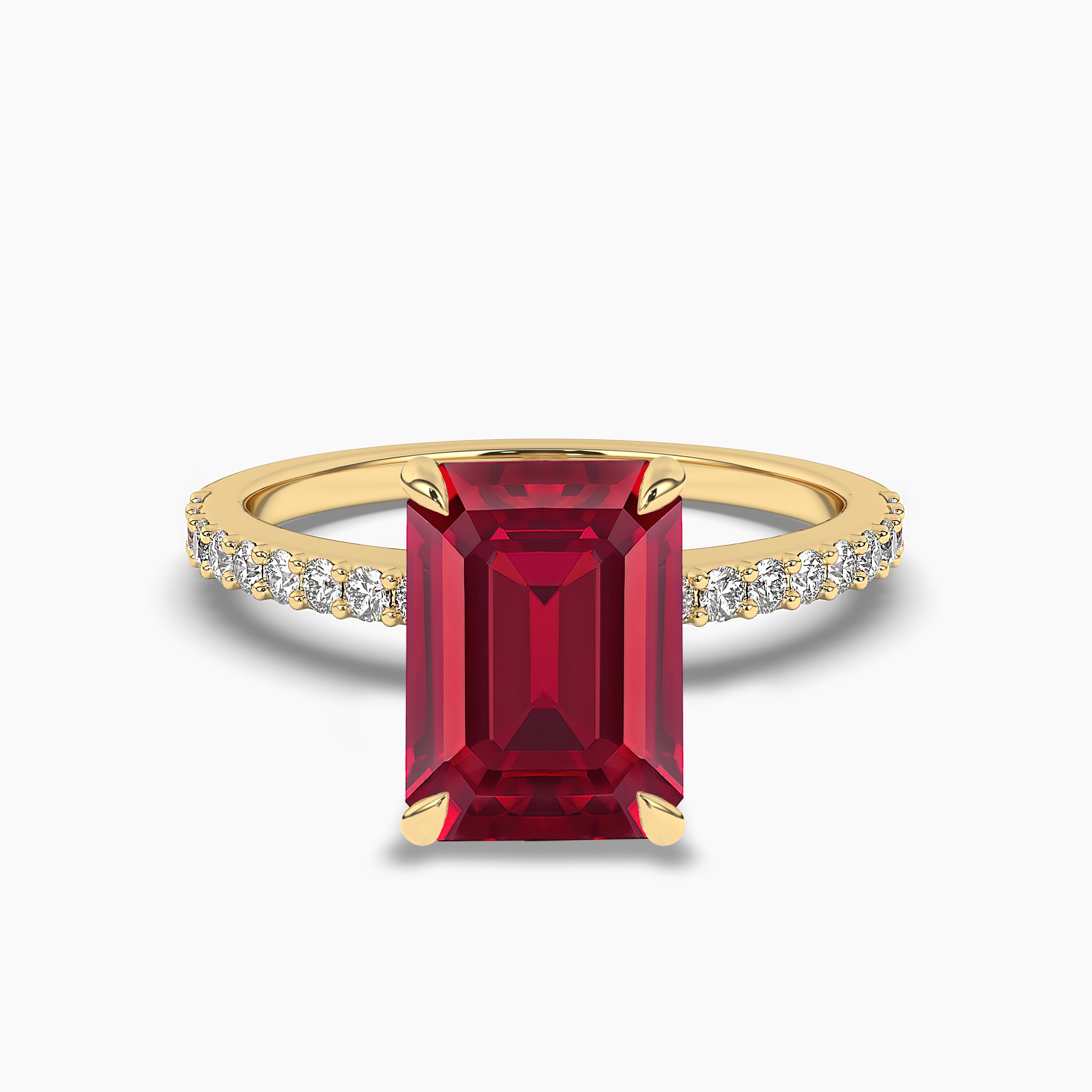 Emerald Cut Ruby gemstone Ring with Pave Diamond Band