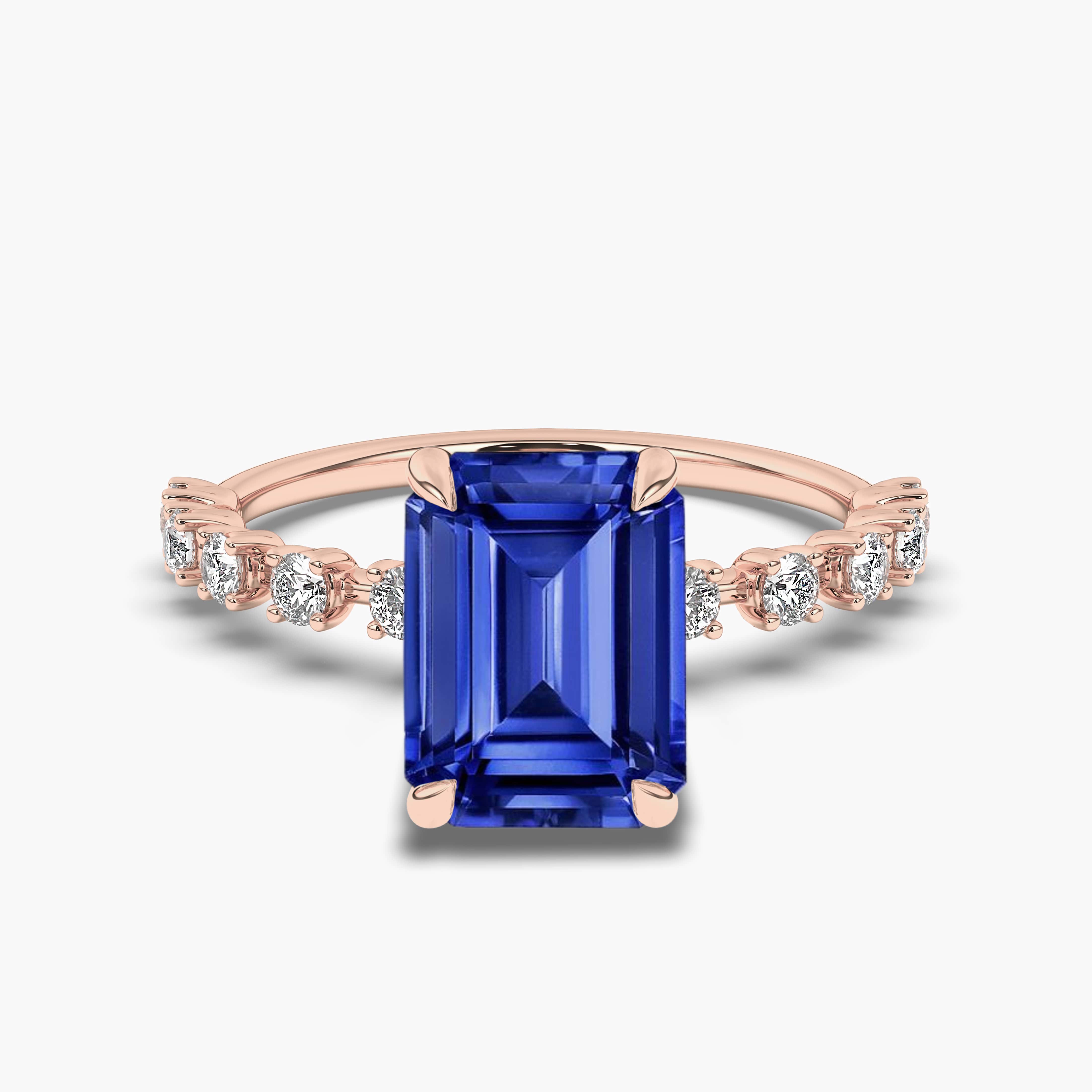 Rose Gold Emerald Cut Blue Sapphire Ring 