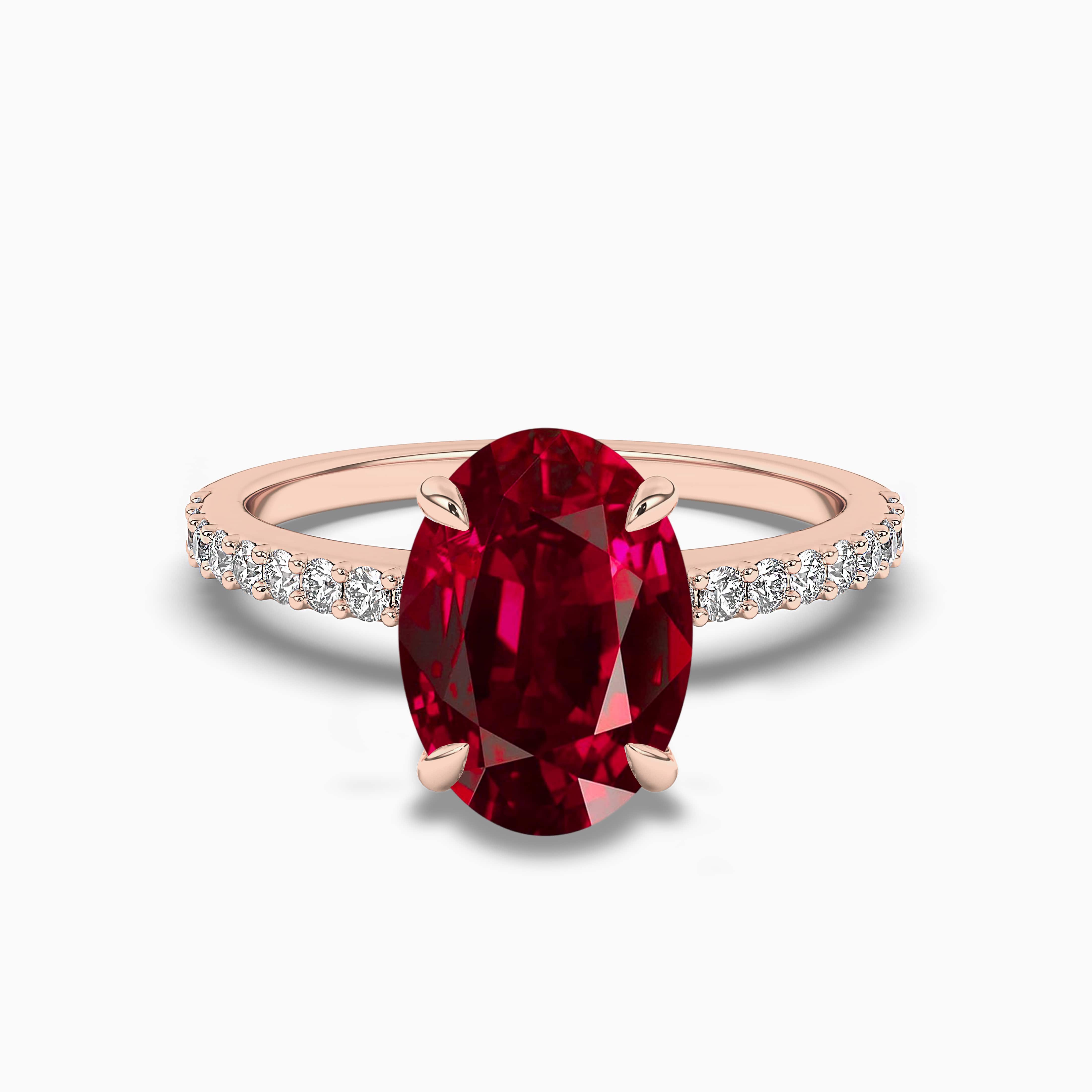 Oval Shaped diamond Side Stone Engagement Rings with Red Ruby in Rose Gold