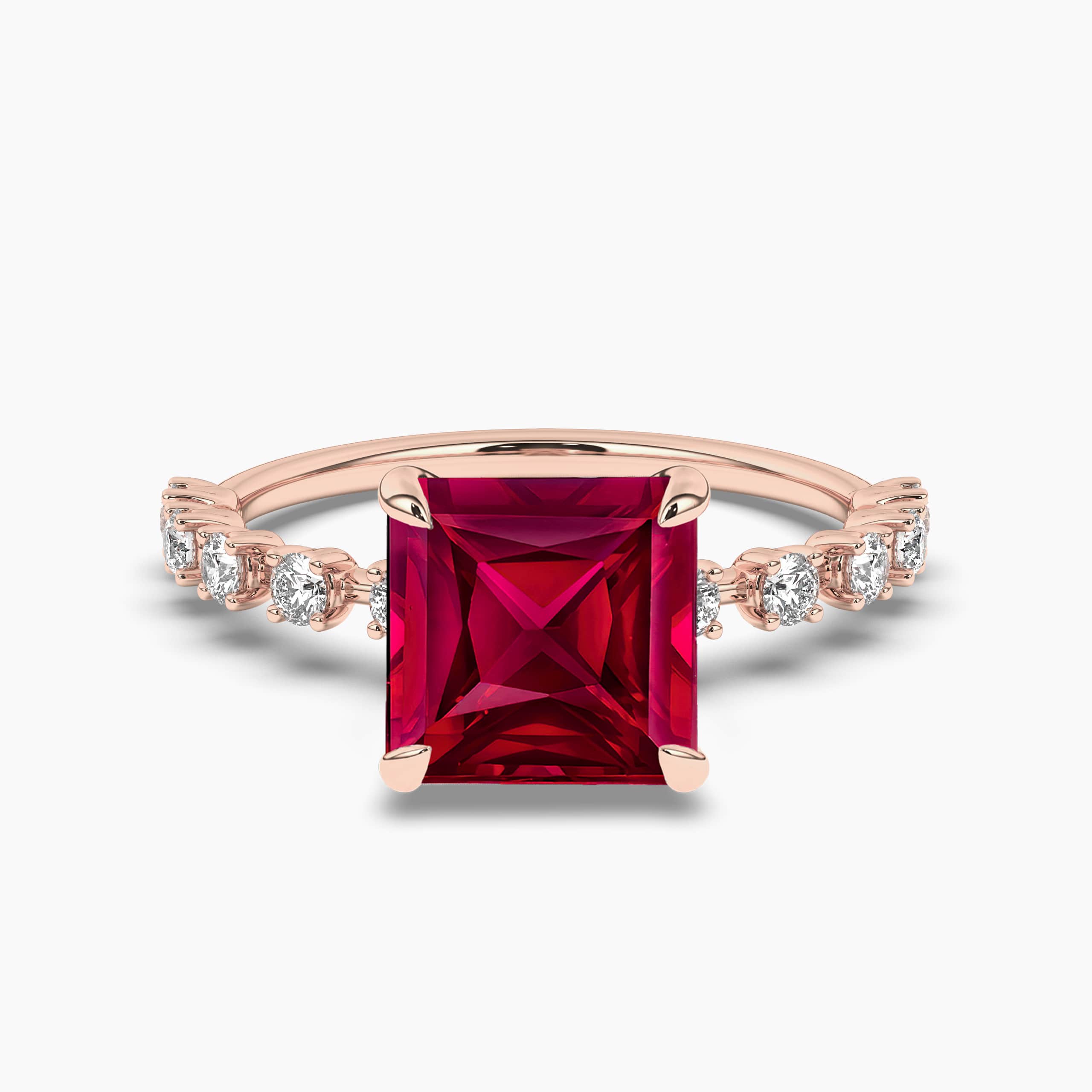 Ruby Princess cut with Moissanite Diamond Engagement Bridal Wedding Ring Set in Rose Gold