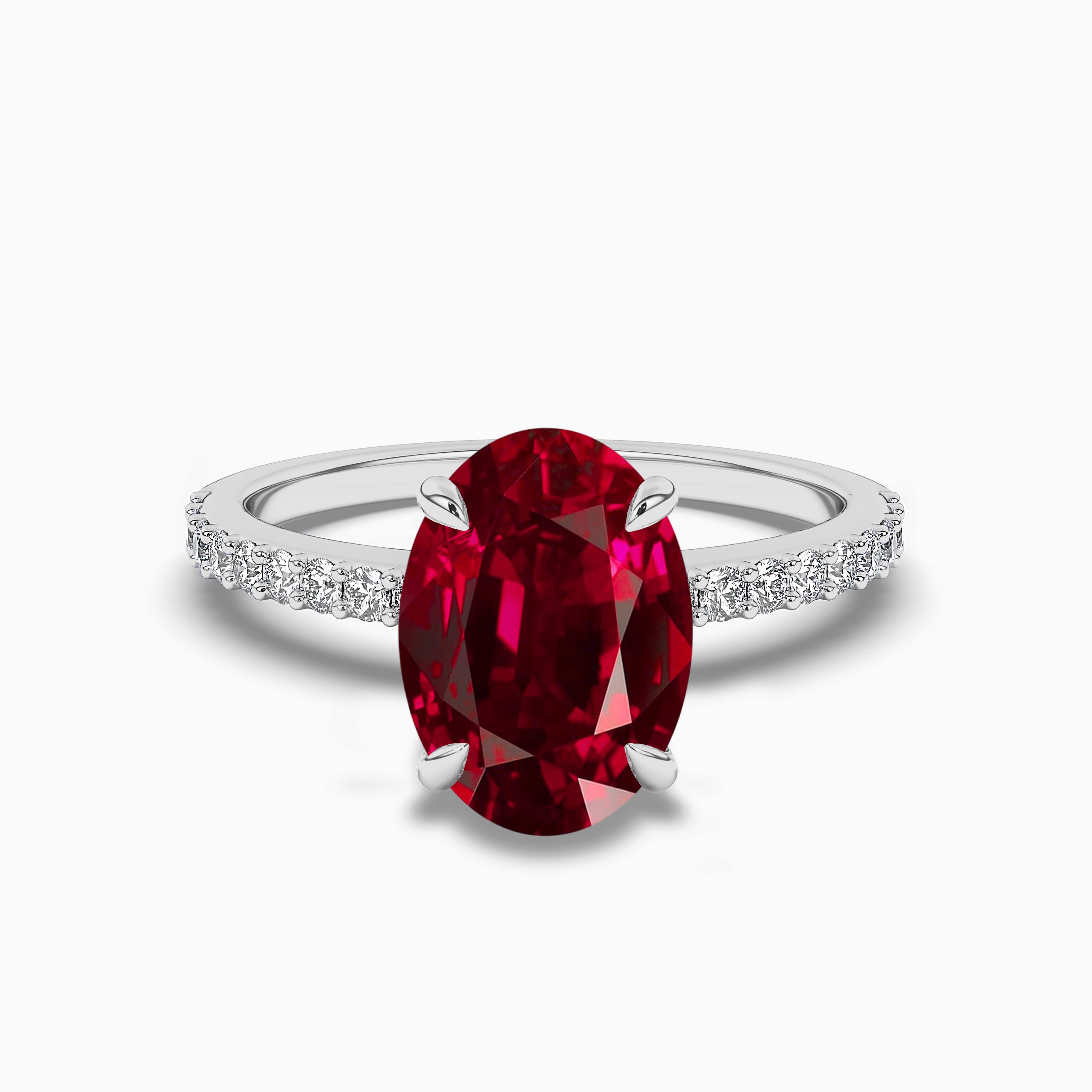 Oval Shaped diamond Side Stone Engagement Rings with Red Ruby in White Gold