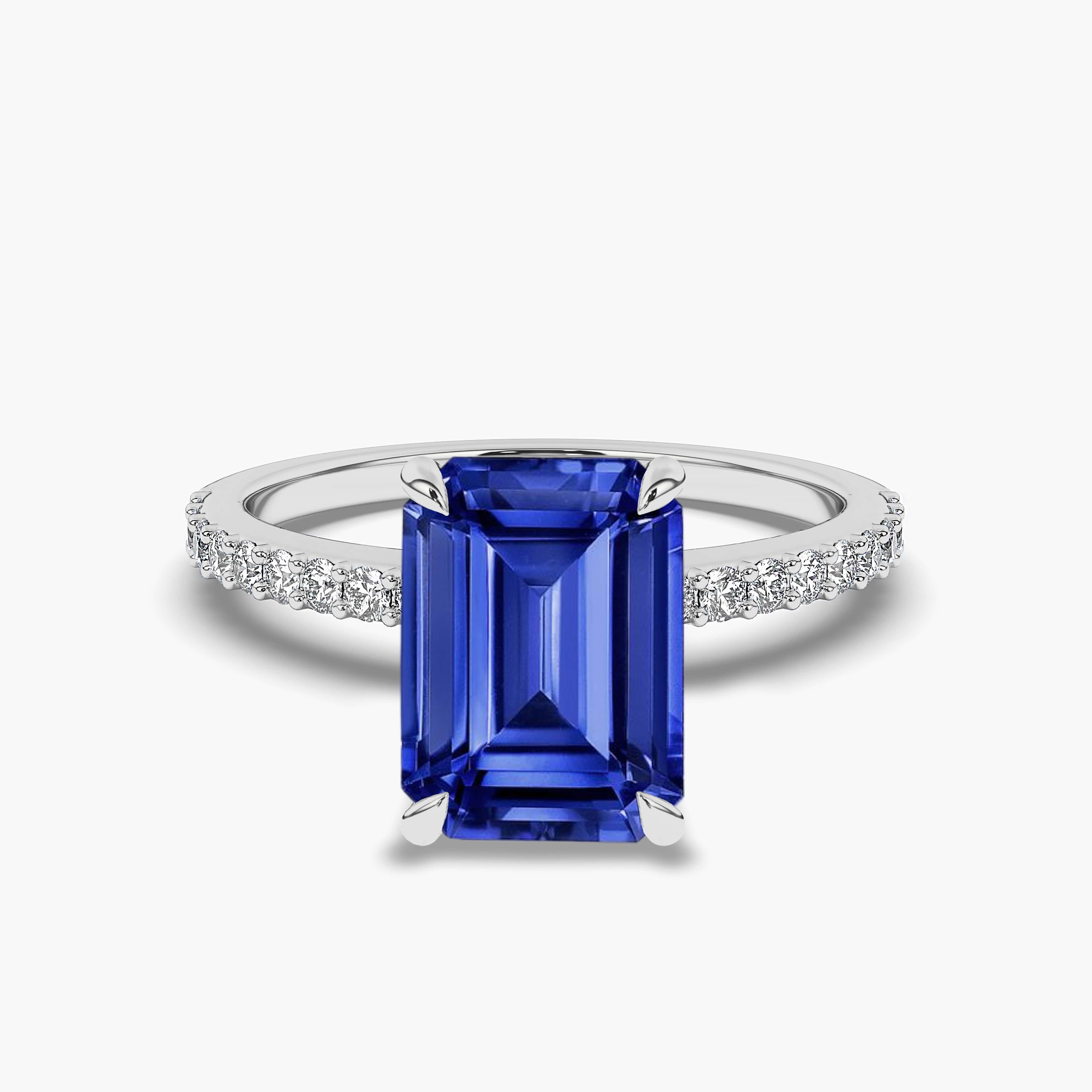 Emerald-Cut Blue Sapphire and Diamond Engagement Ring in White Gold