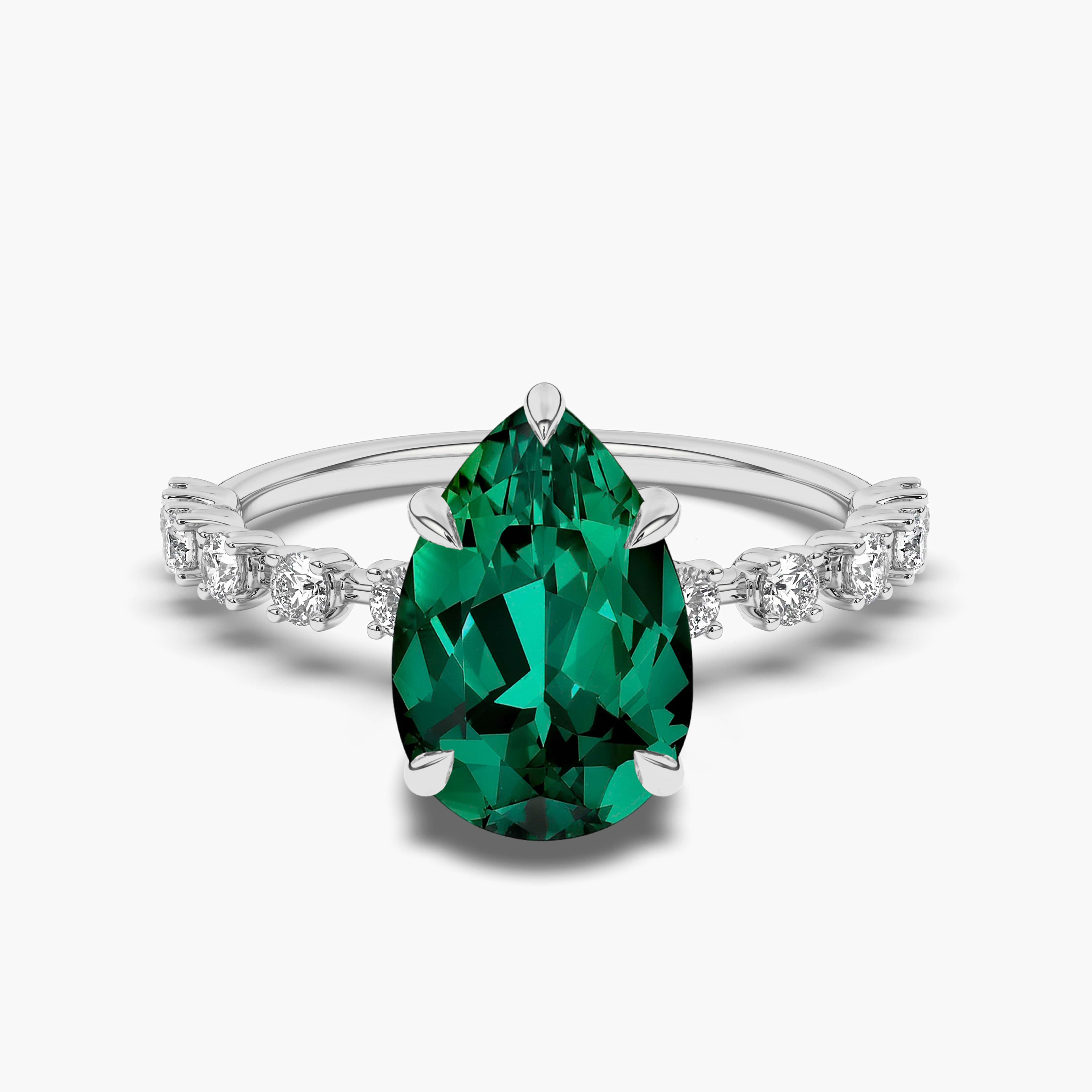 Pear-Shaped Emerald and Diamond Accent Engagement Ring in White Gold