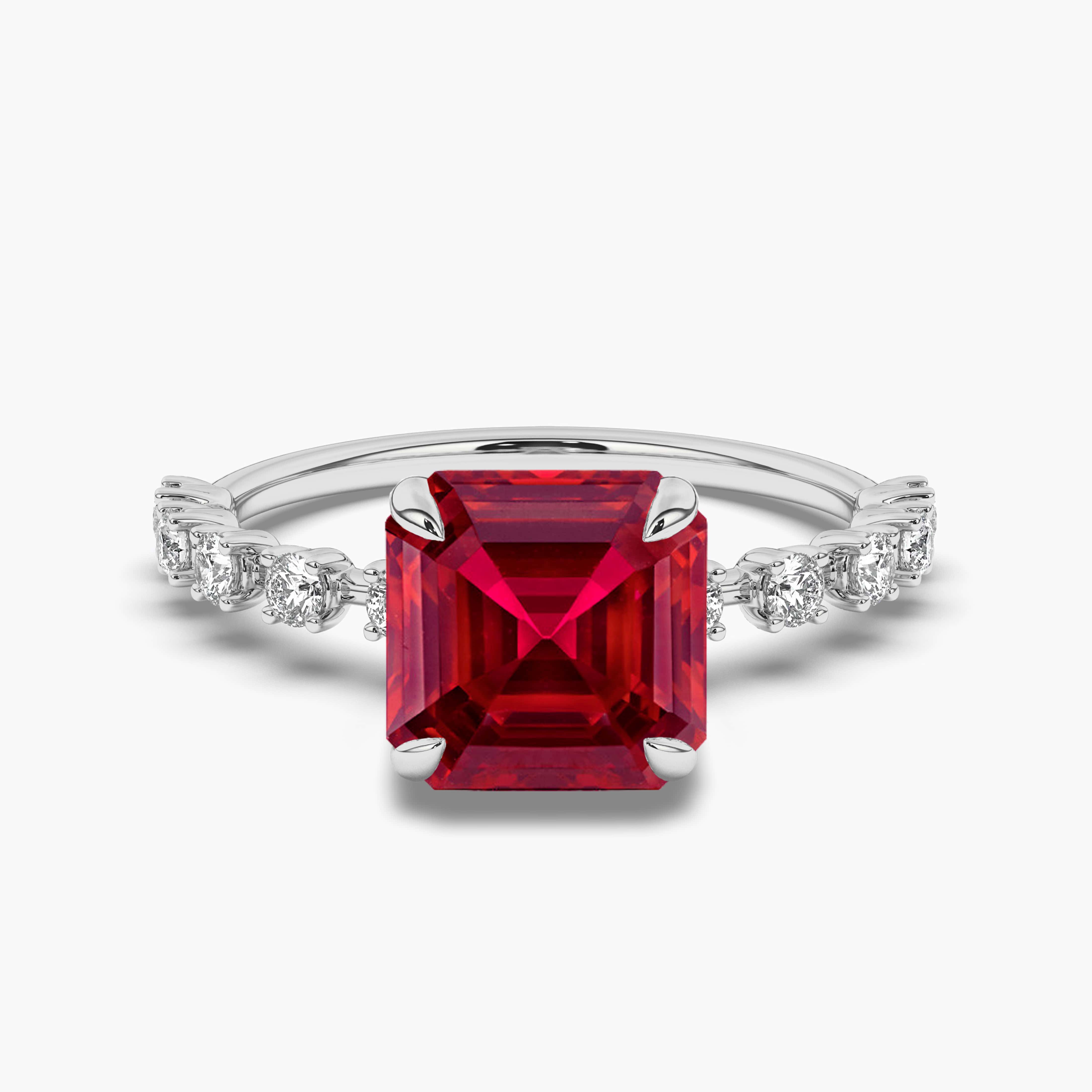 WHITE GOLD ASSCHER CUT RUBY AND DIAMOND ENGAGEMENT RING