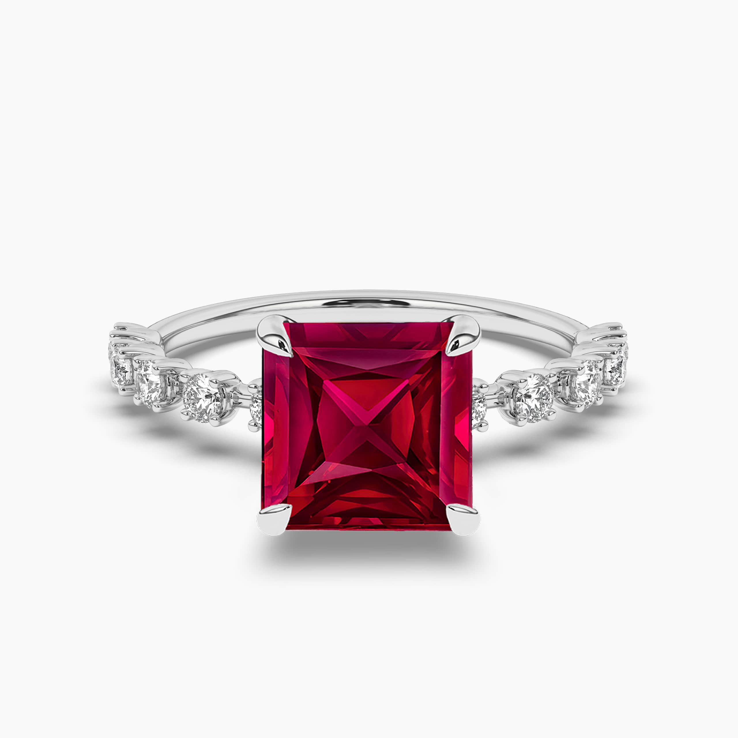 WHITE GOLD PRIN DIAMOND AND RUBY PRINCESS CUT CHANNEL RING