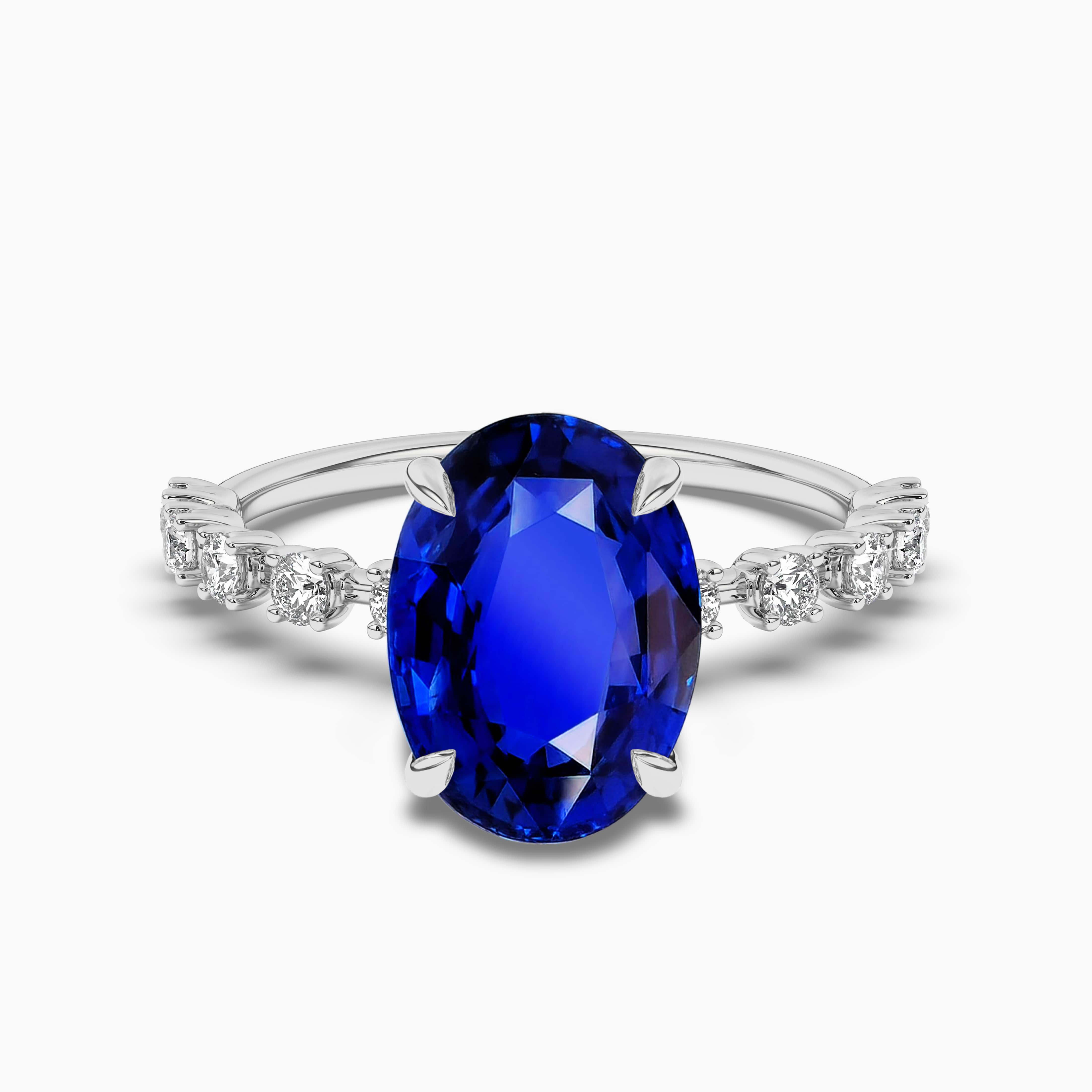 OVAL CUT BLUE SAPPHIRE GEMSTONE RING WITH ROUND DIAMOND ACCENTS IN WHITE GOLD