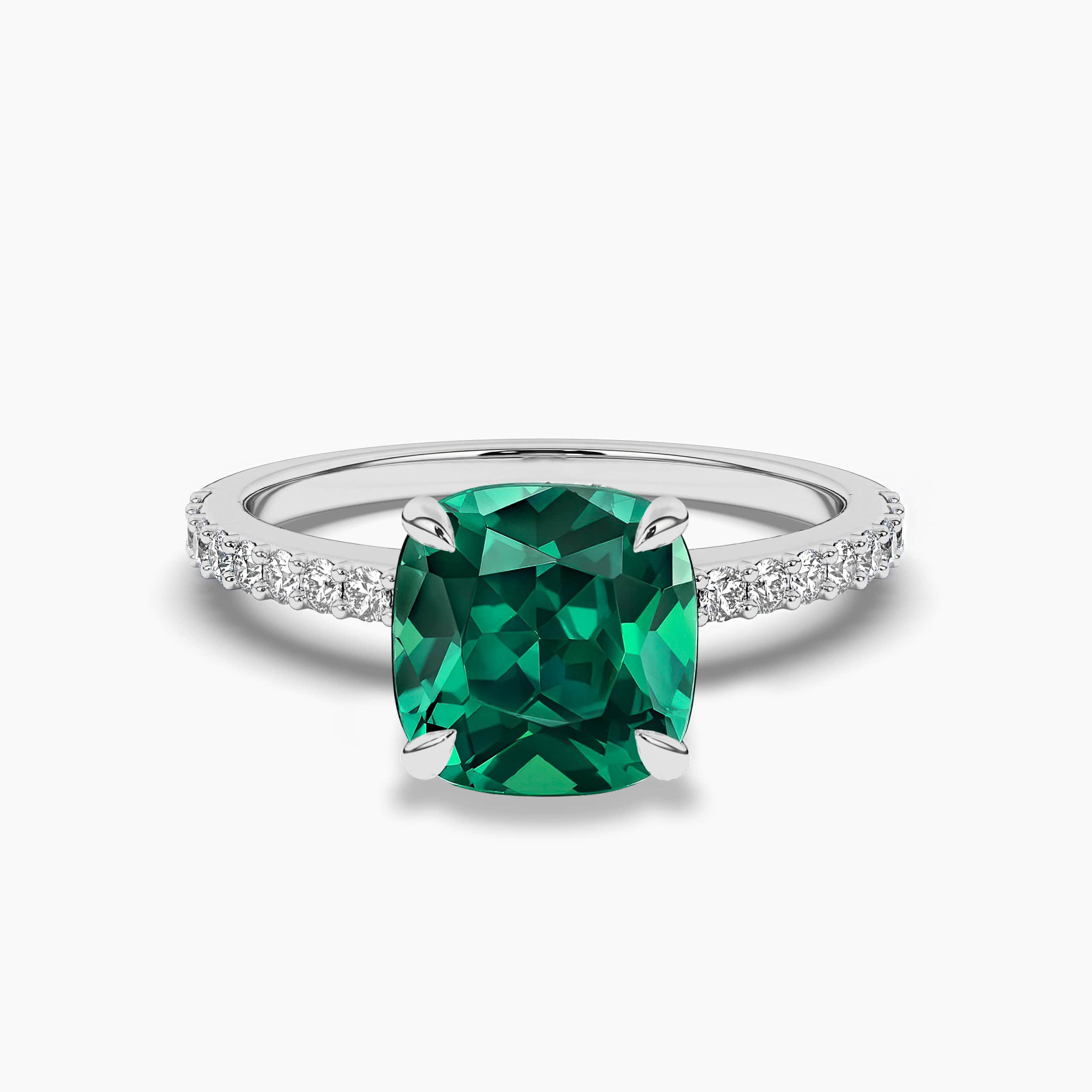 White Gold Cushion Cut Emerald and Round Diamond Side Stone Ring