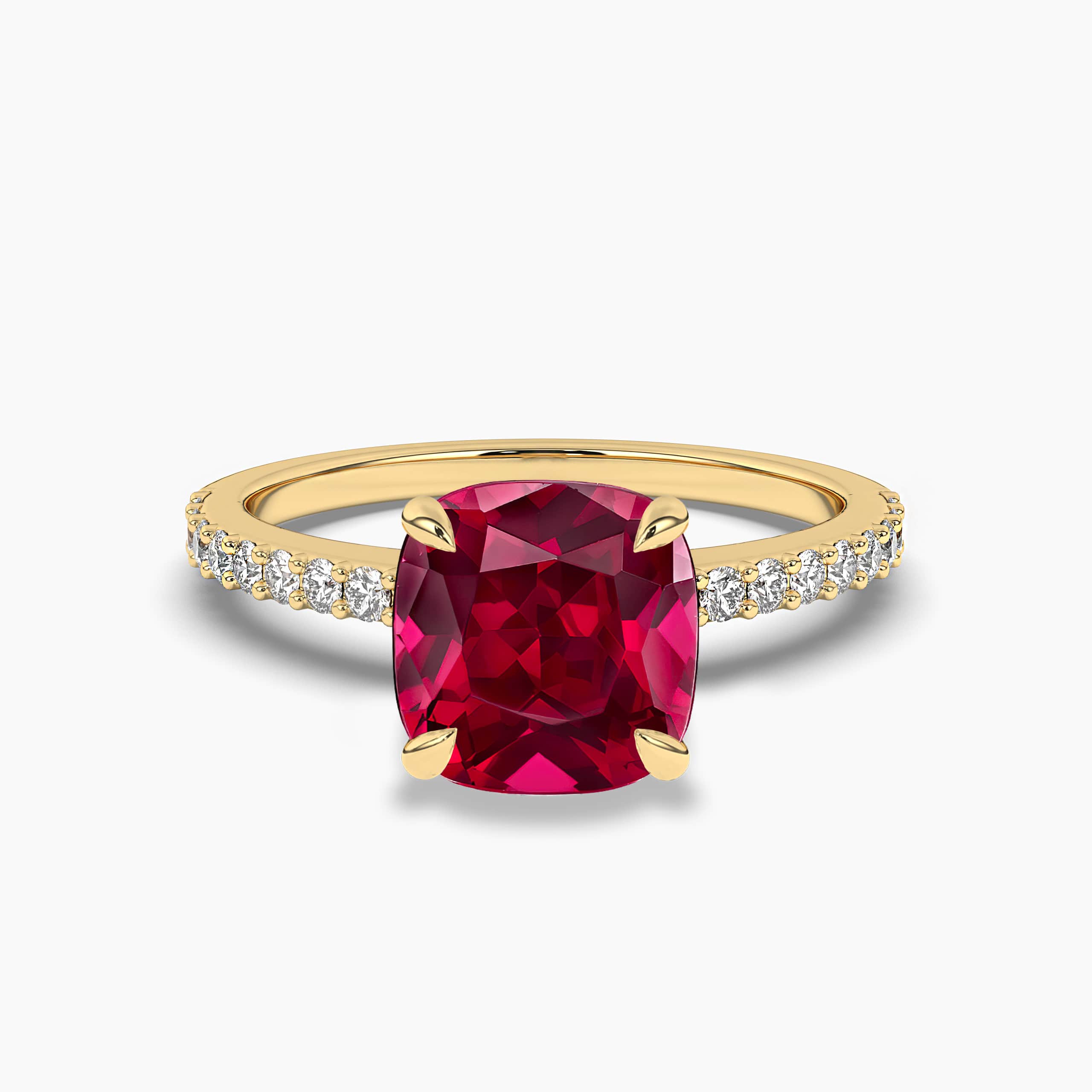 Cushion Cut Ruby and Halo Diamond Ring In Yellow Gold