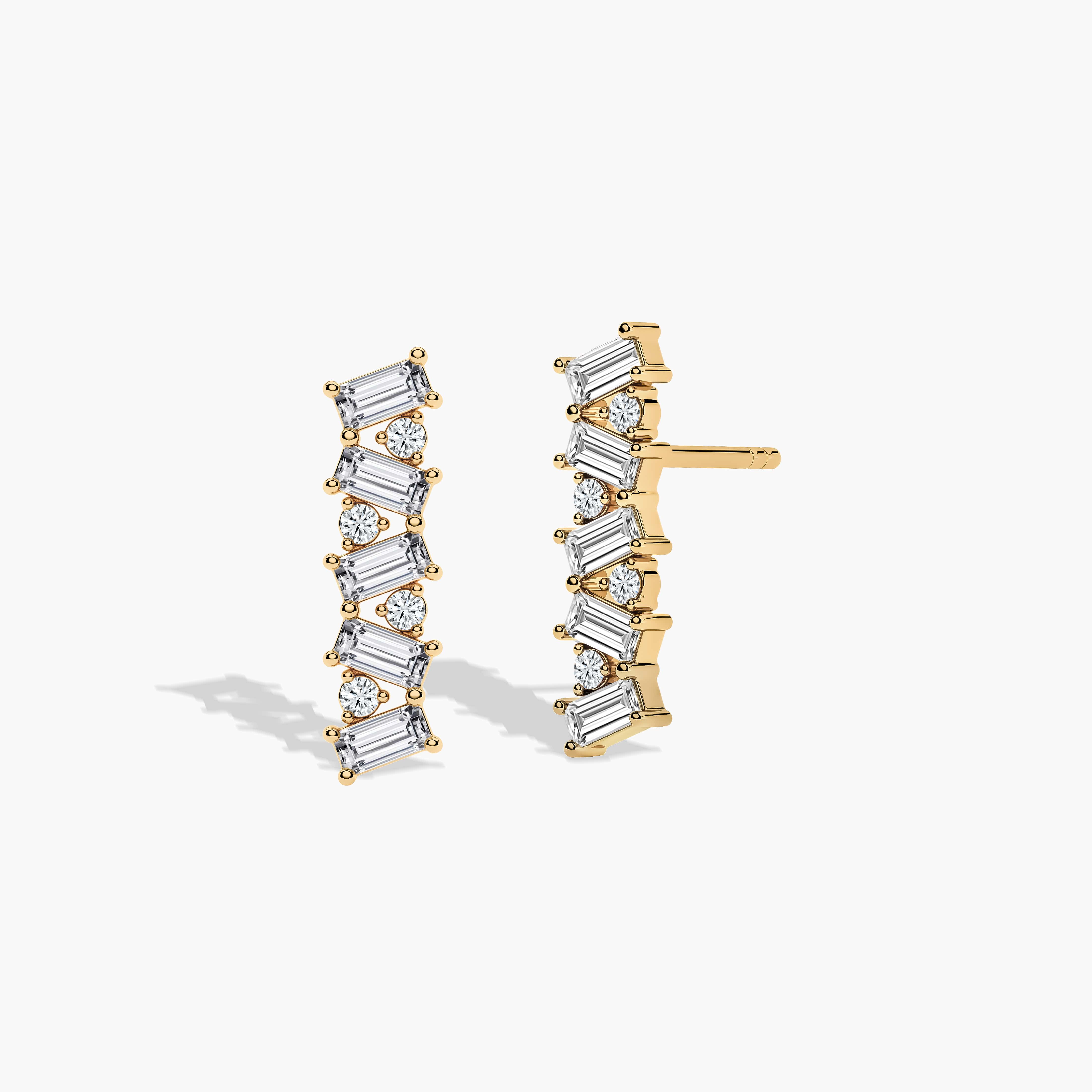 Yellow Gold Baguette and Round Bar Stud Earrings