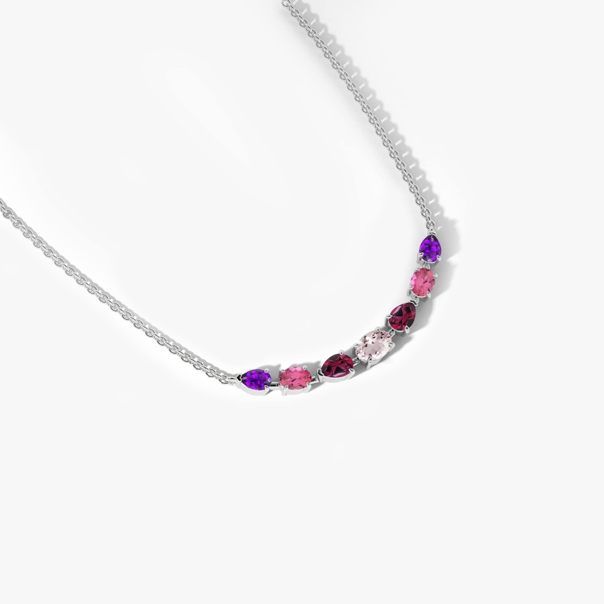 Pink gemstone bar necklace side view