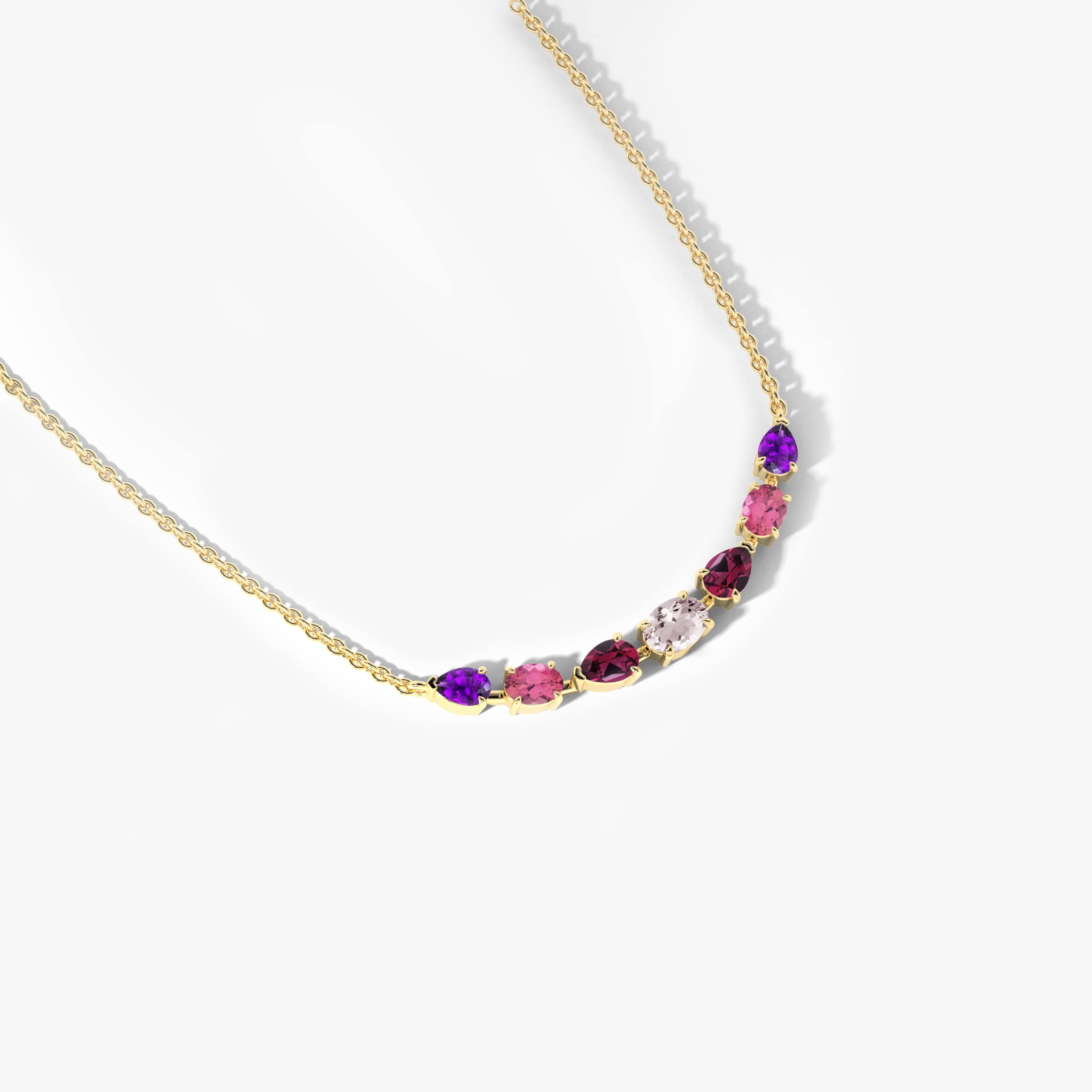 Pink combination gemstone necklace in yellow gold
