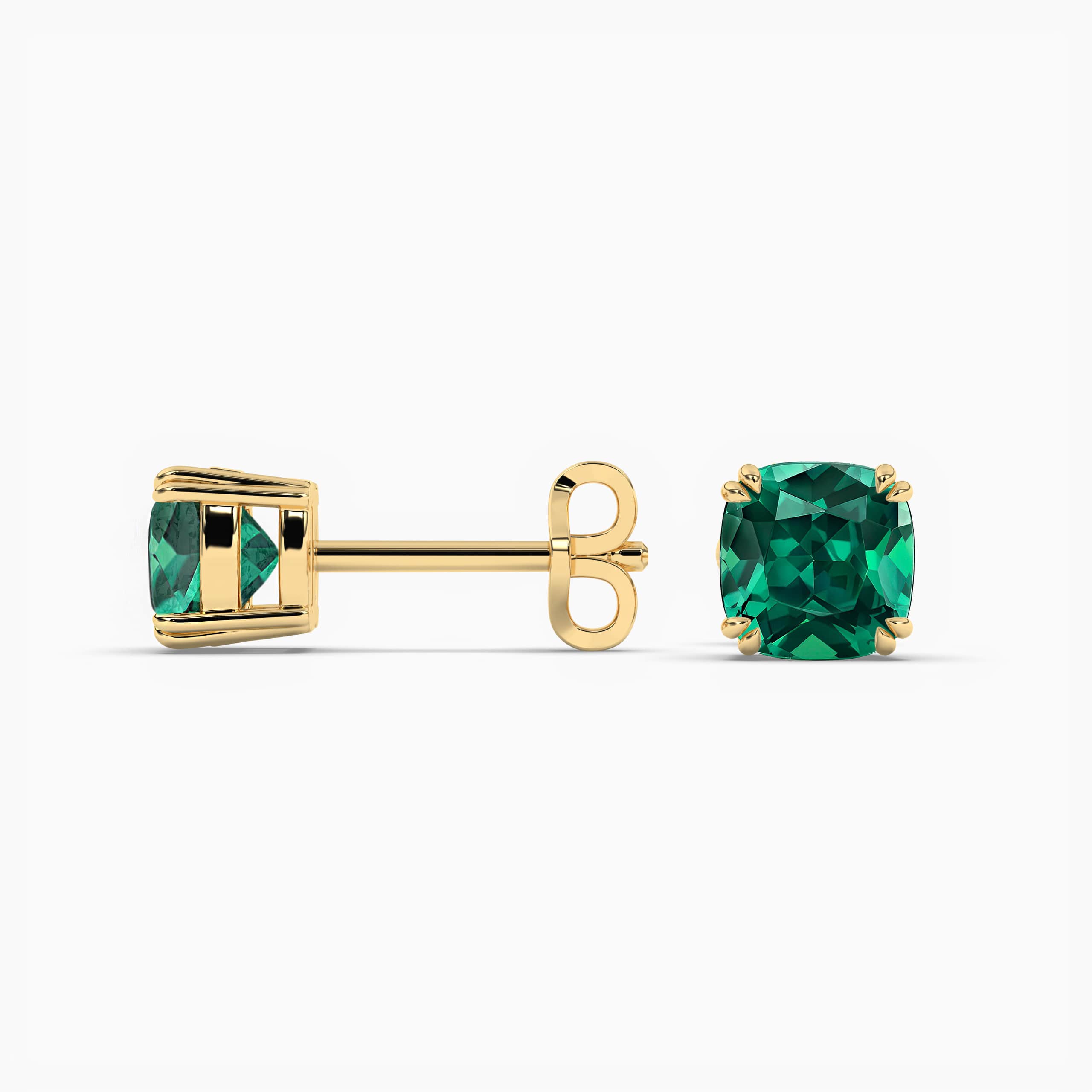Cushion Cut Emerald Stud Earrings in Yellow Gold