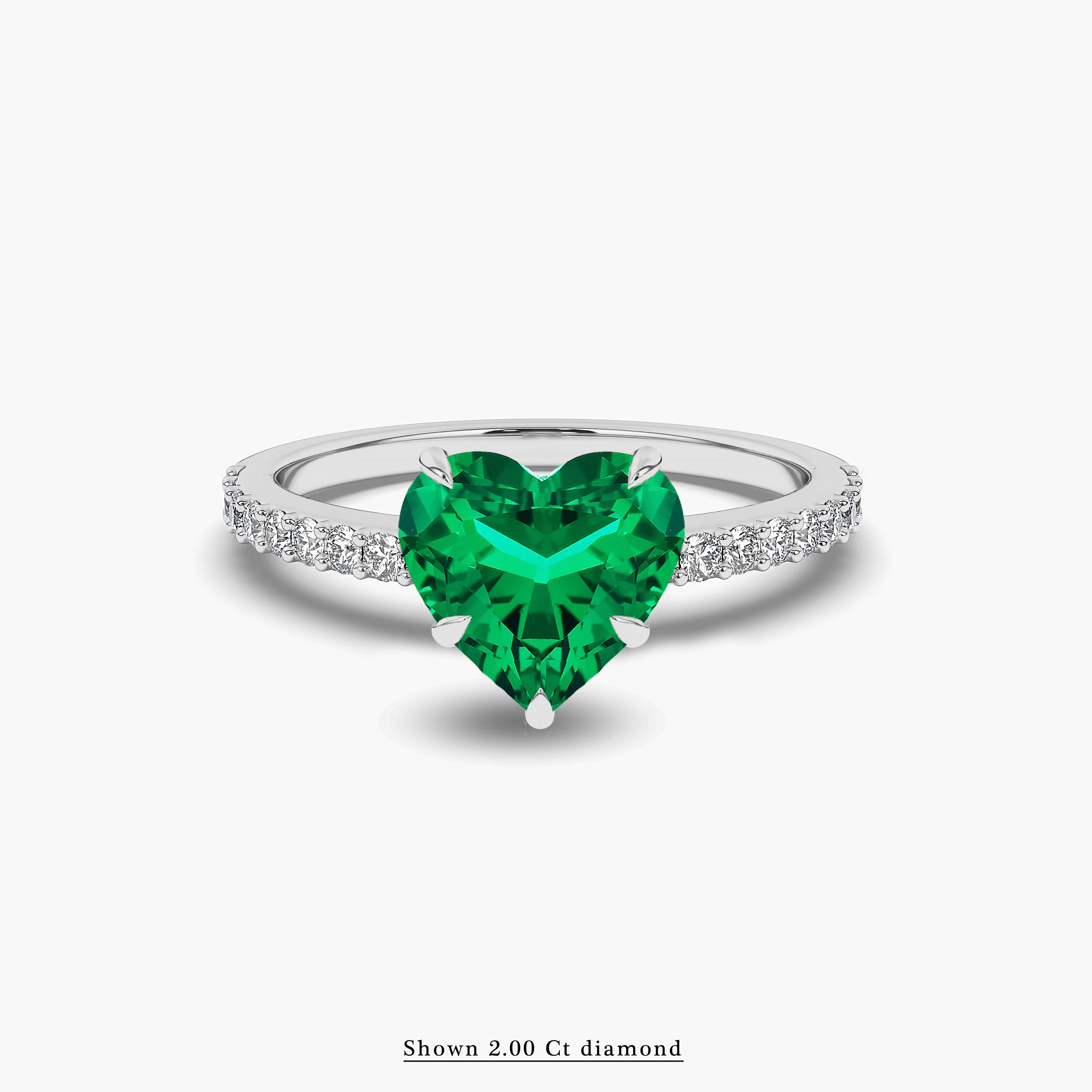 white gold green emerald diamond heart engagement ring​