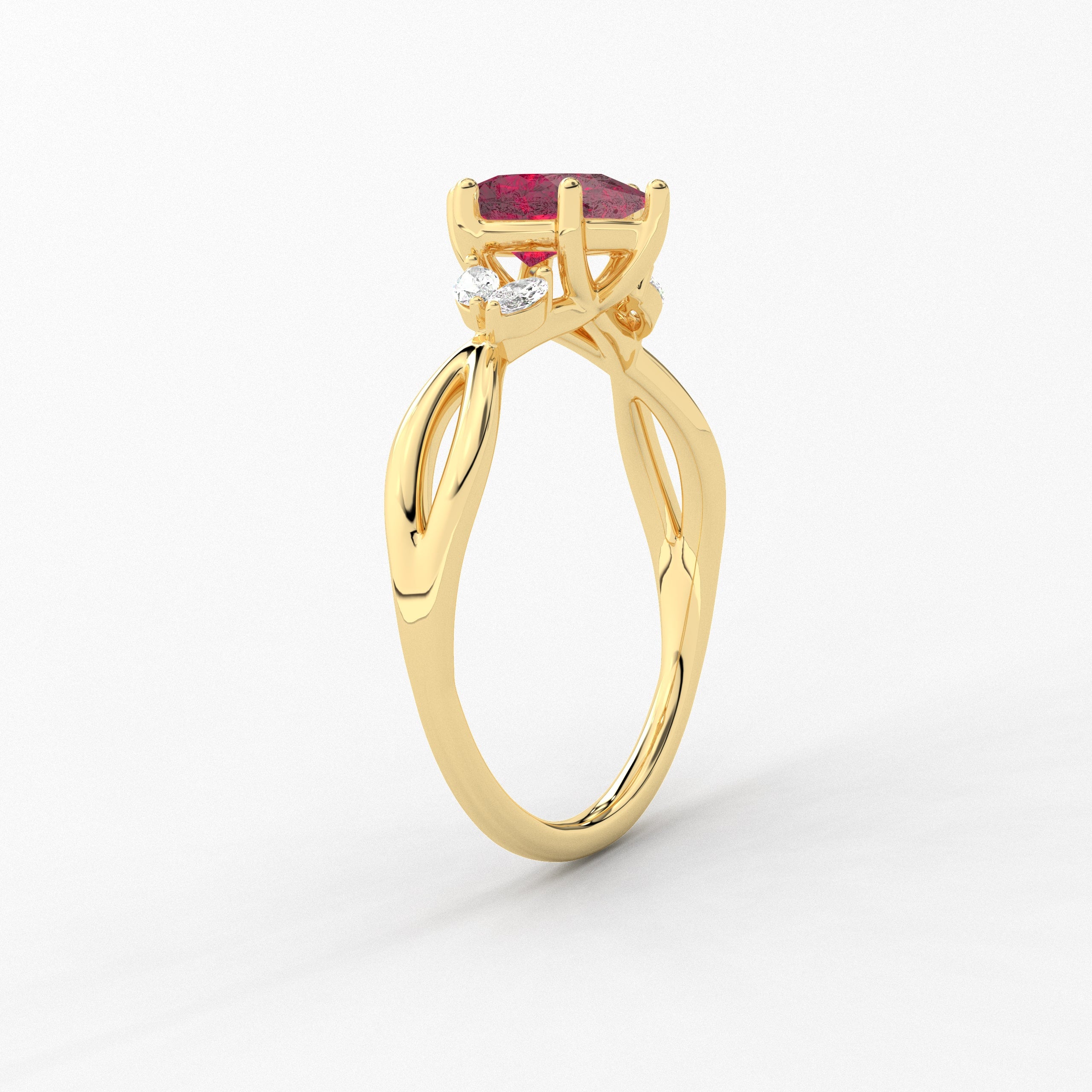 Princess Cut Ruby Lab Grown Diamond Nature Inspired Ring For Woman In Yellow Gold