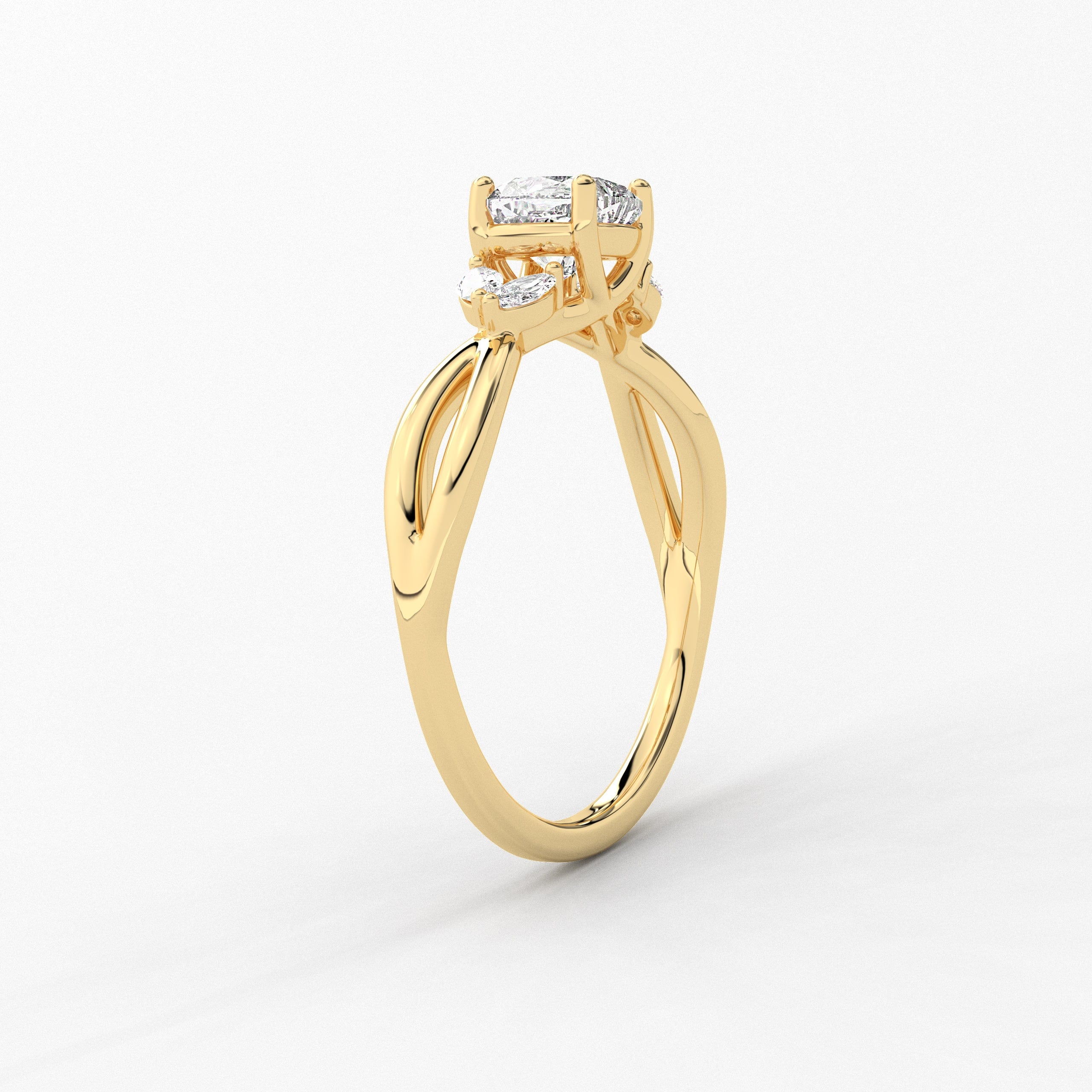 Cushion Cut Twisted Petal Diamond Engagement Ring In Yellow Gold