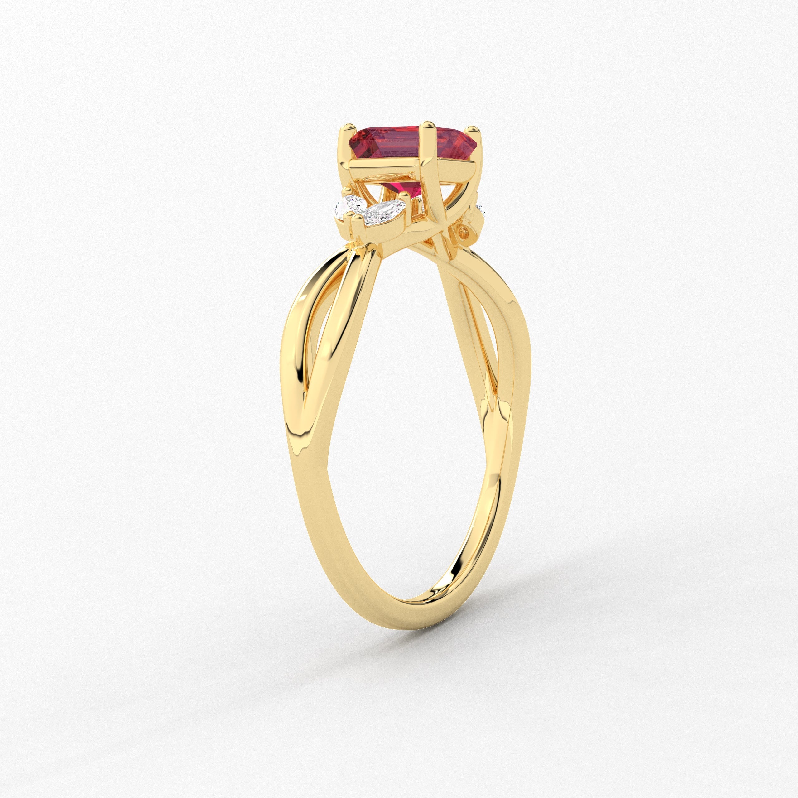 Nature Inspired Engagement Ring In Asscher Cut Ruby In Yellow Gold