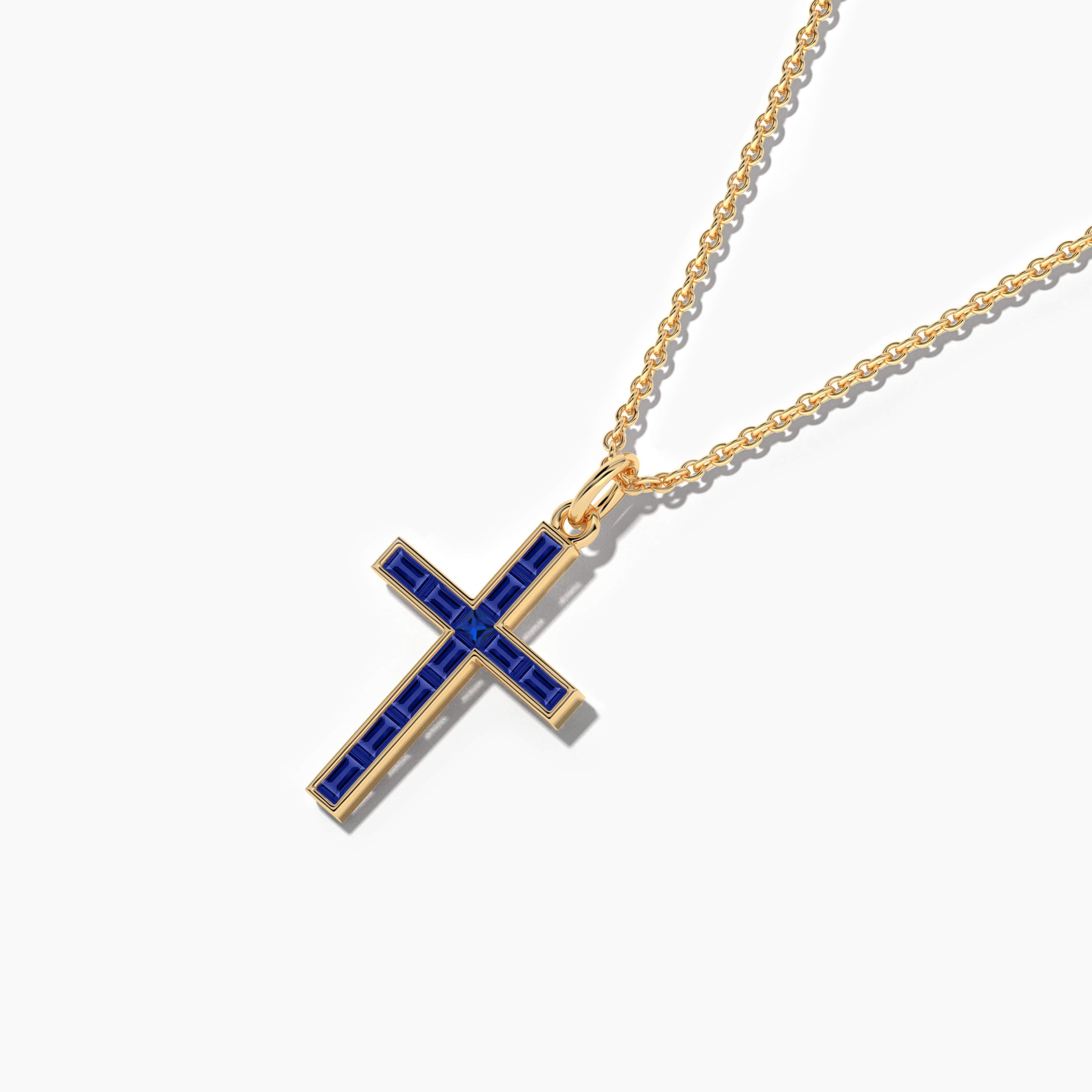 Blue Sapphire Baguette Cross Pendant Gold