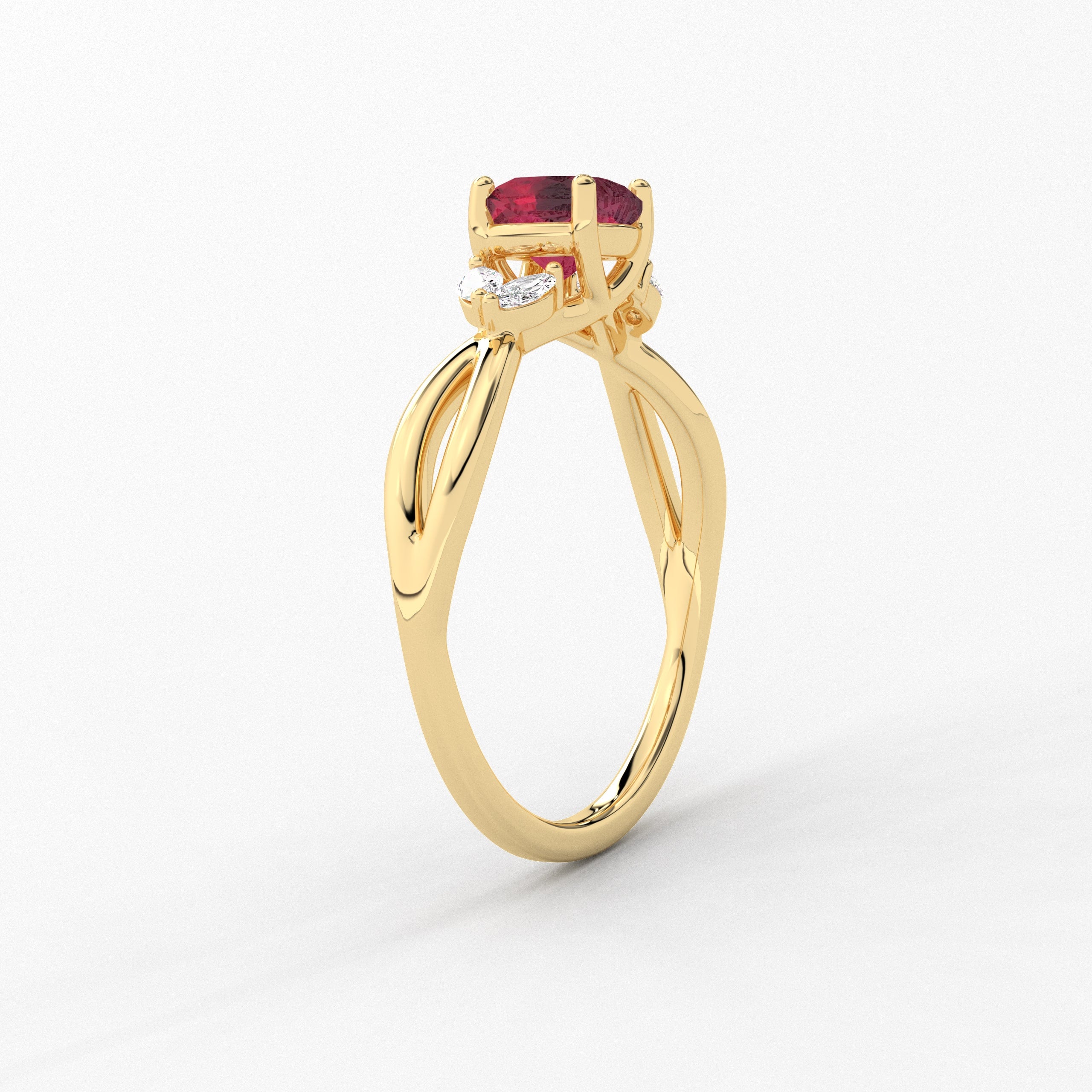 Yellow Gold Cushion Cut Ruby Moissanite Diamond Nature Inspired Ring For Woman