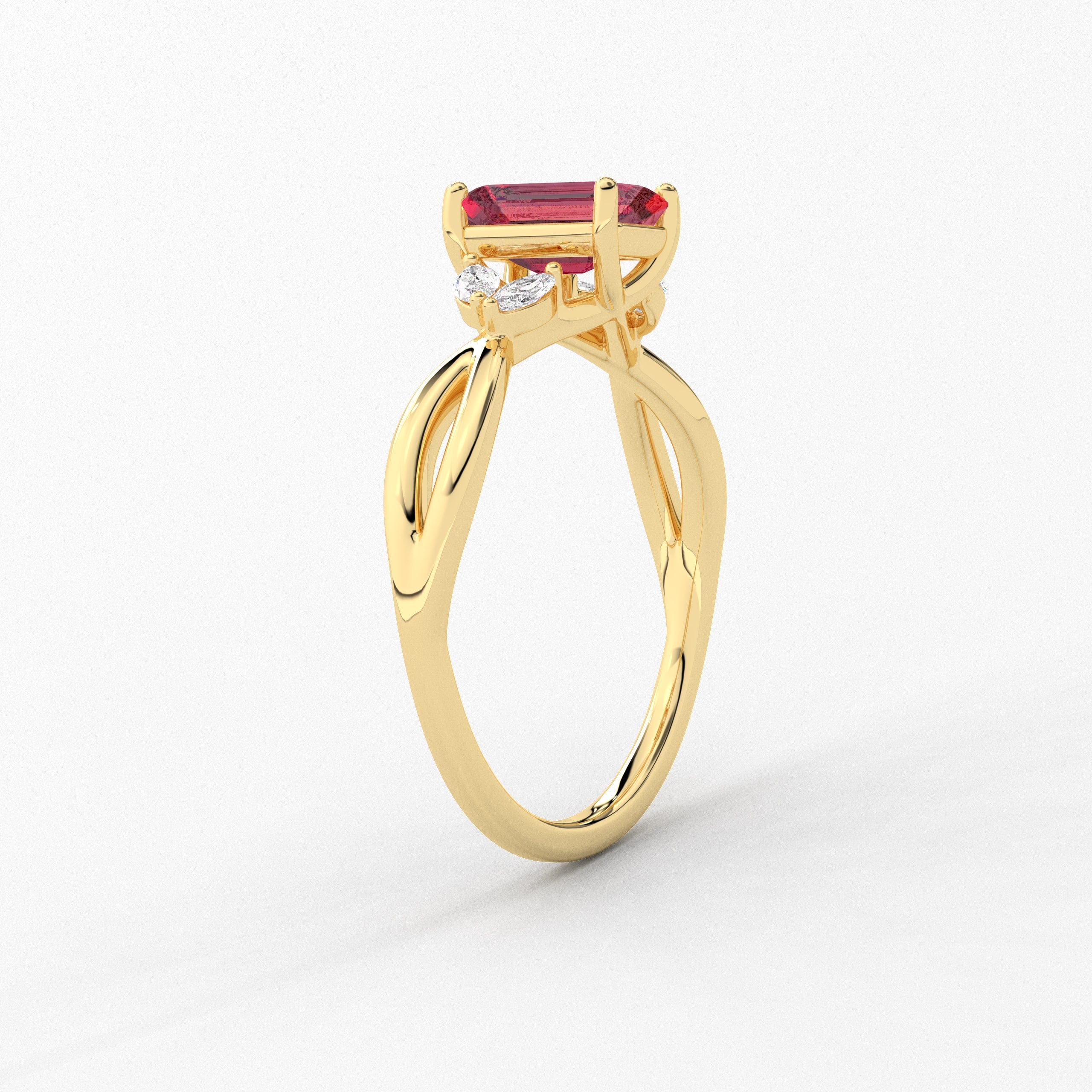 Emerald Cut Ruby Cut Nature Inspired Engagement Ring In Yellow Gold