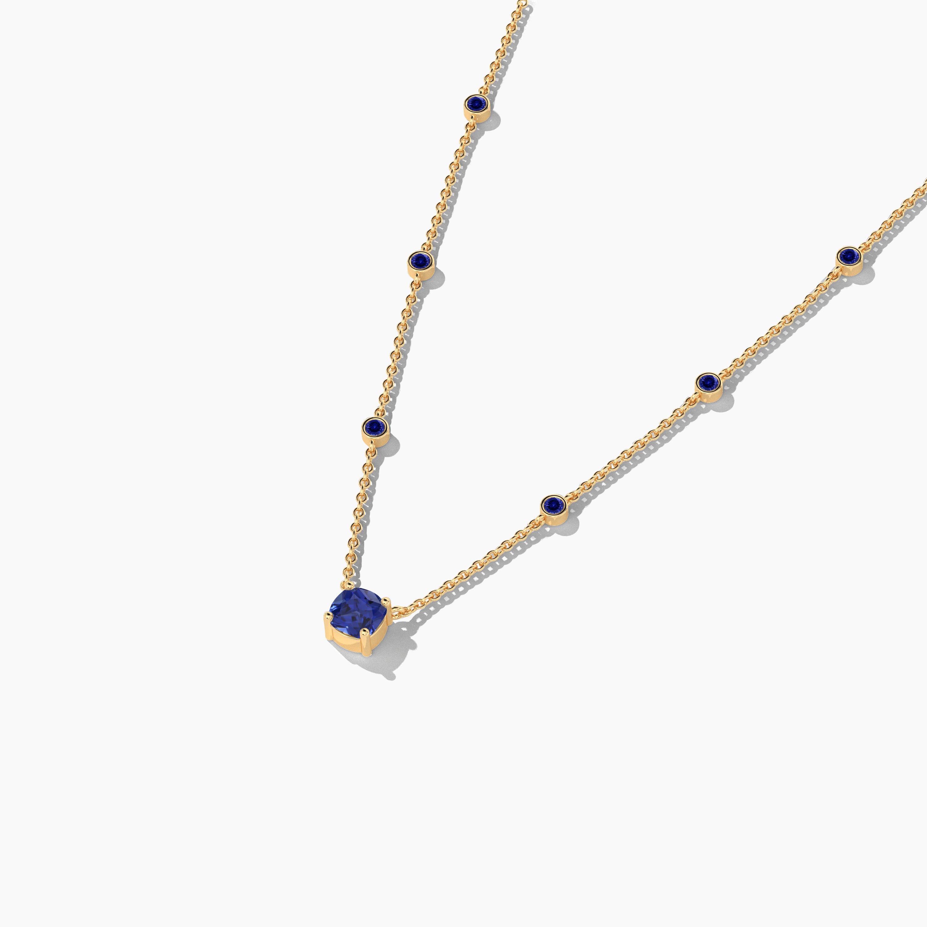 Round Shape Blue Sapphire Diamond Station Necklace