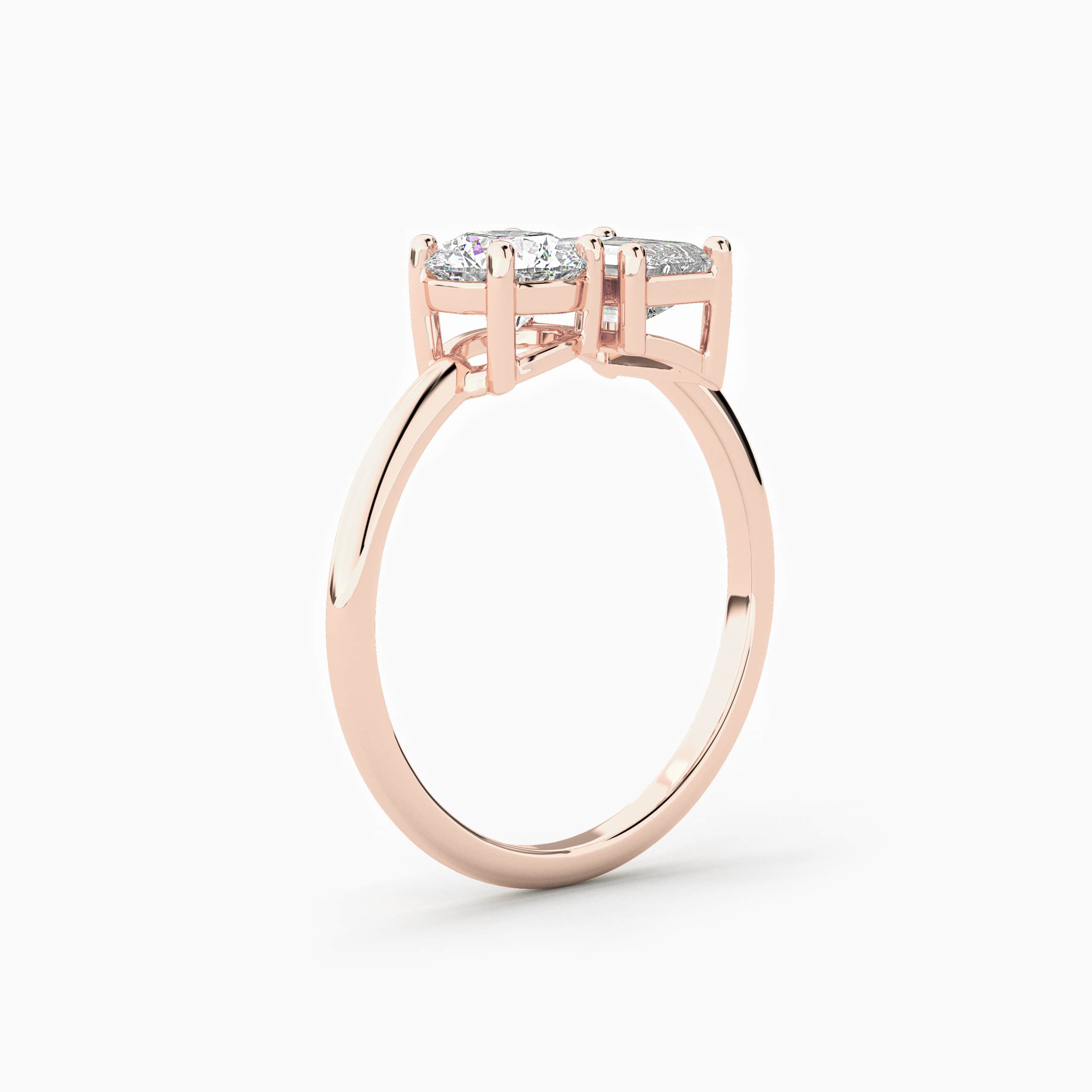 Rose Gold Toi Et Moi Engagement Ring In Emerald And Round Cut Diamond Ring