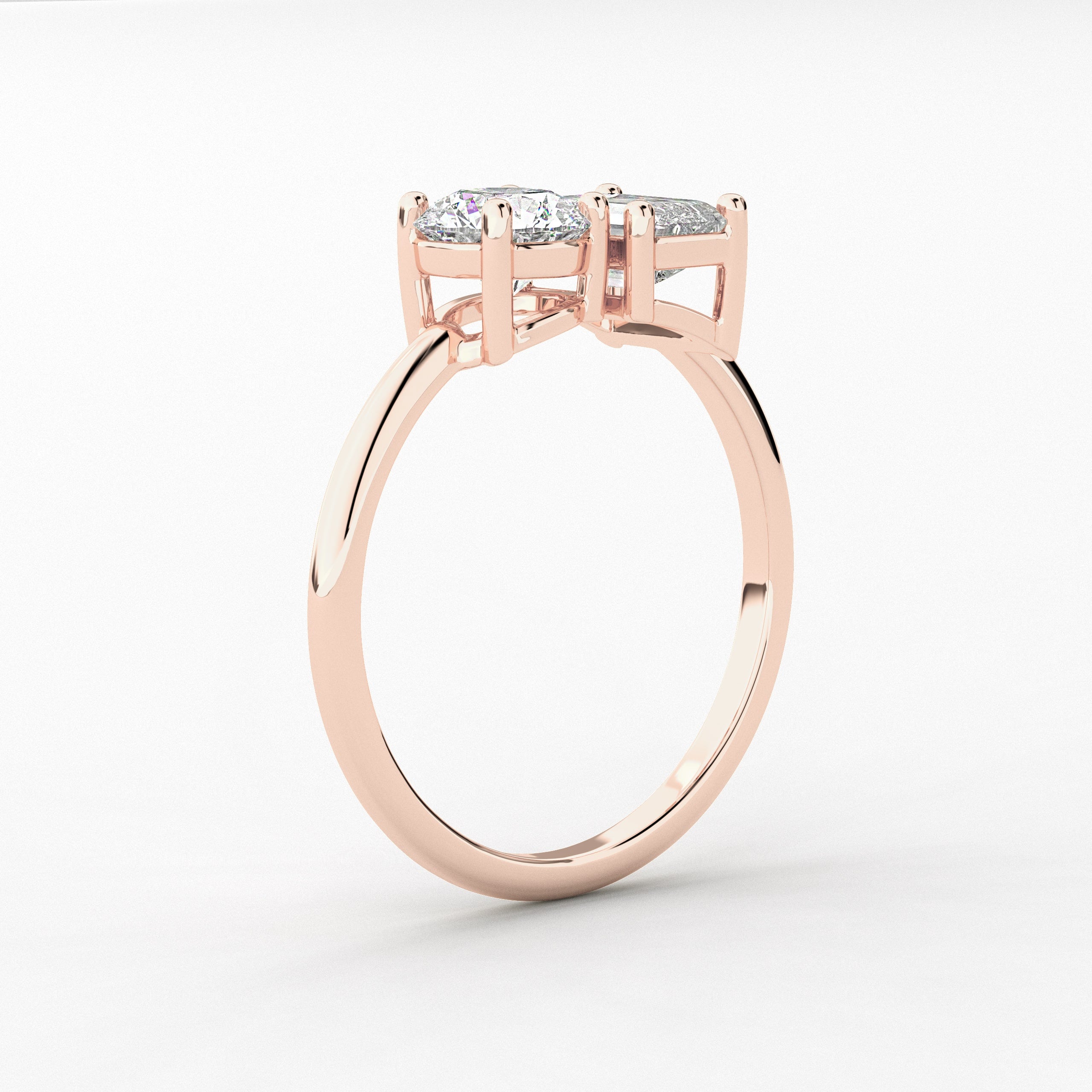 Rose Gold Toi Et Moi Engagement Ring In Emerald And Round Cut  Diamond Ring 