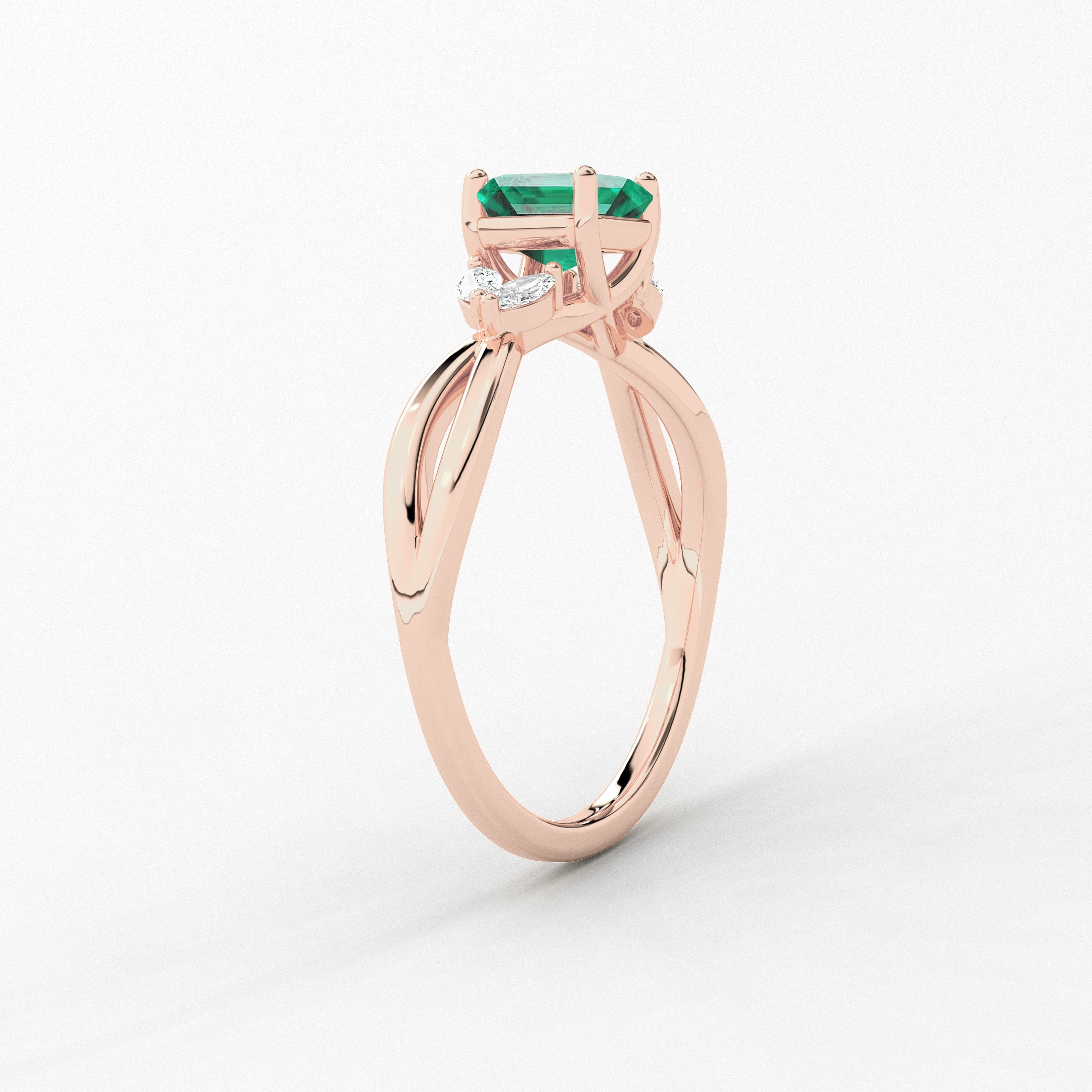 Nature Inspired Engagement Ring In Asscher Cut Green Emerald In Rose Gold