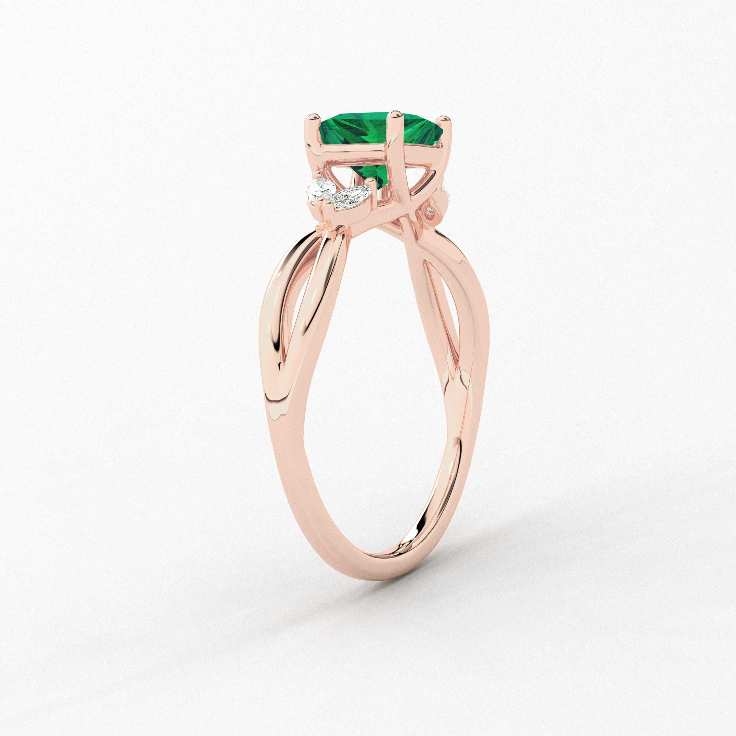 Nature Inspired Wedding Ring In Princes Cut Green Emerald In Rose Gold