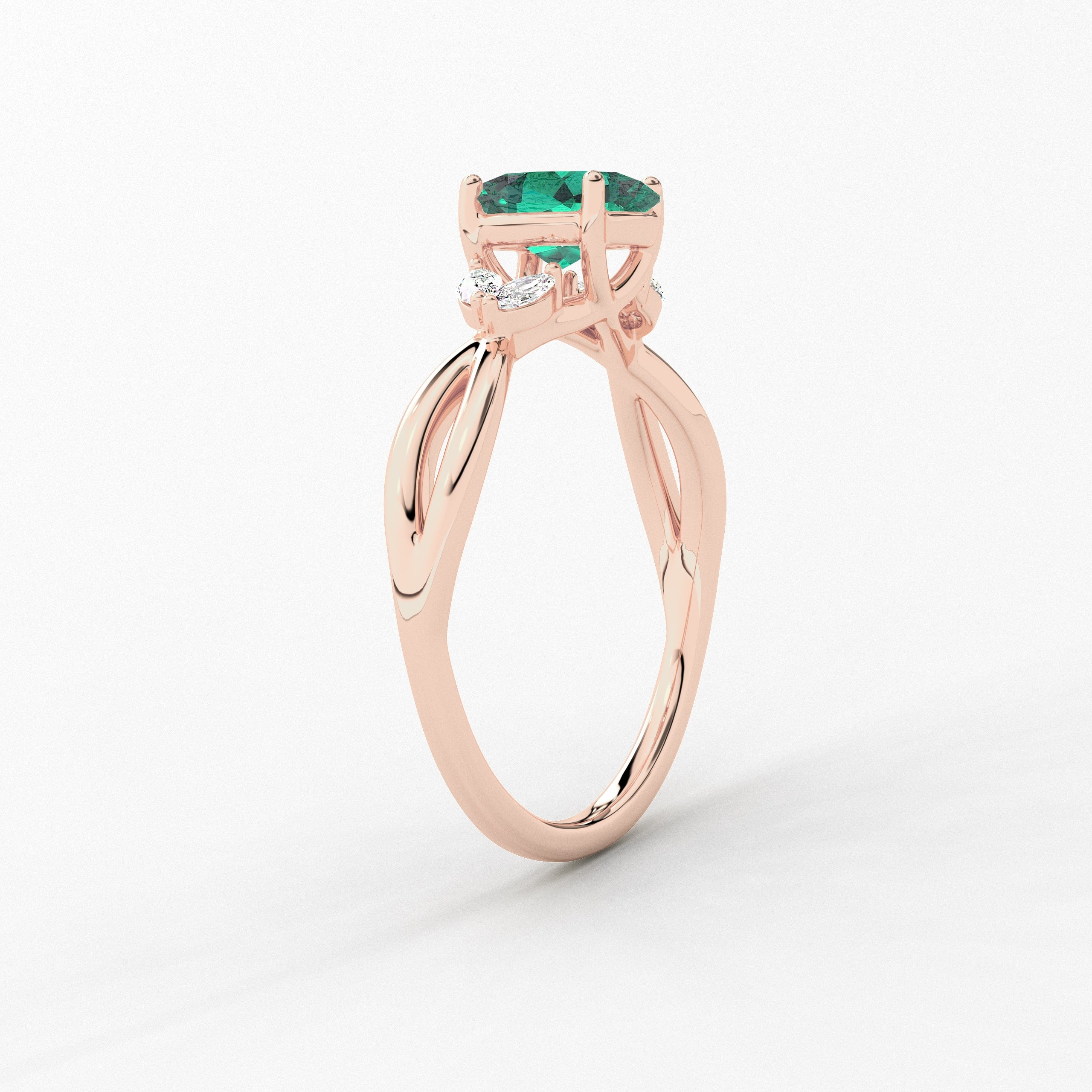 Oval Cut Green Lab Emerald Ring, Unique Nature Inspired Engagement ring in Rose gold