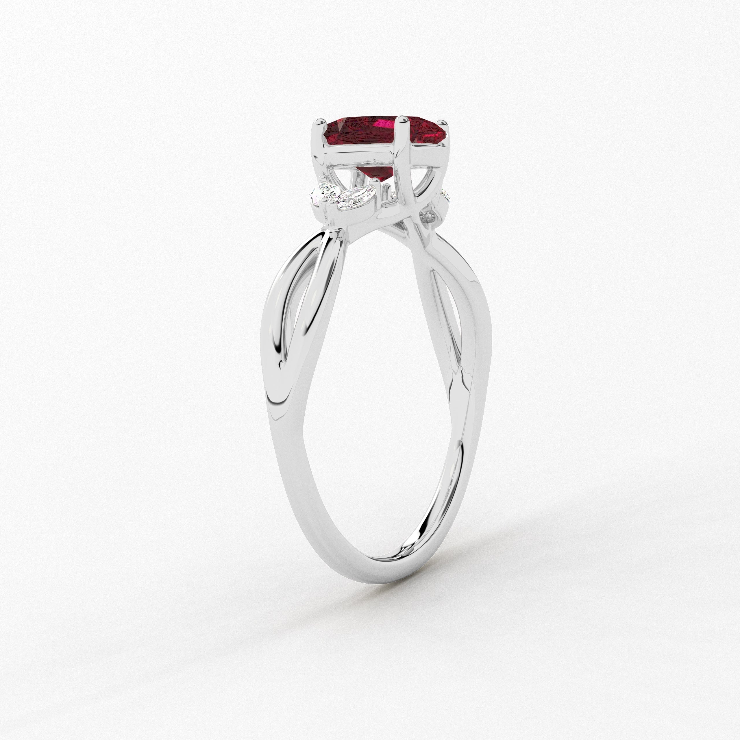 Oval Cut Lab Ruby Ring, Unique Nature Inspired Engagement ring in White gold