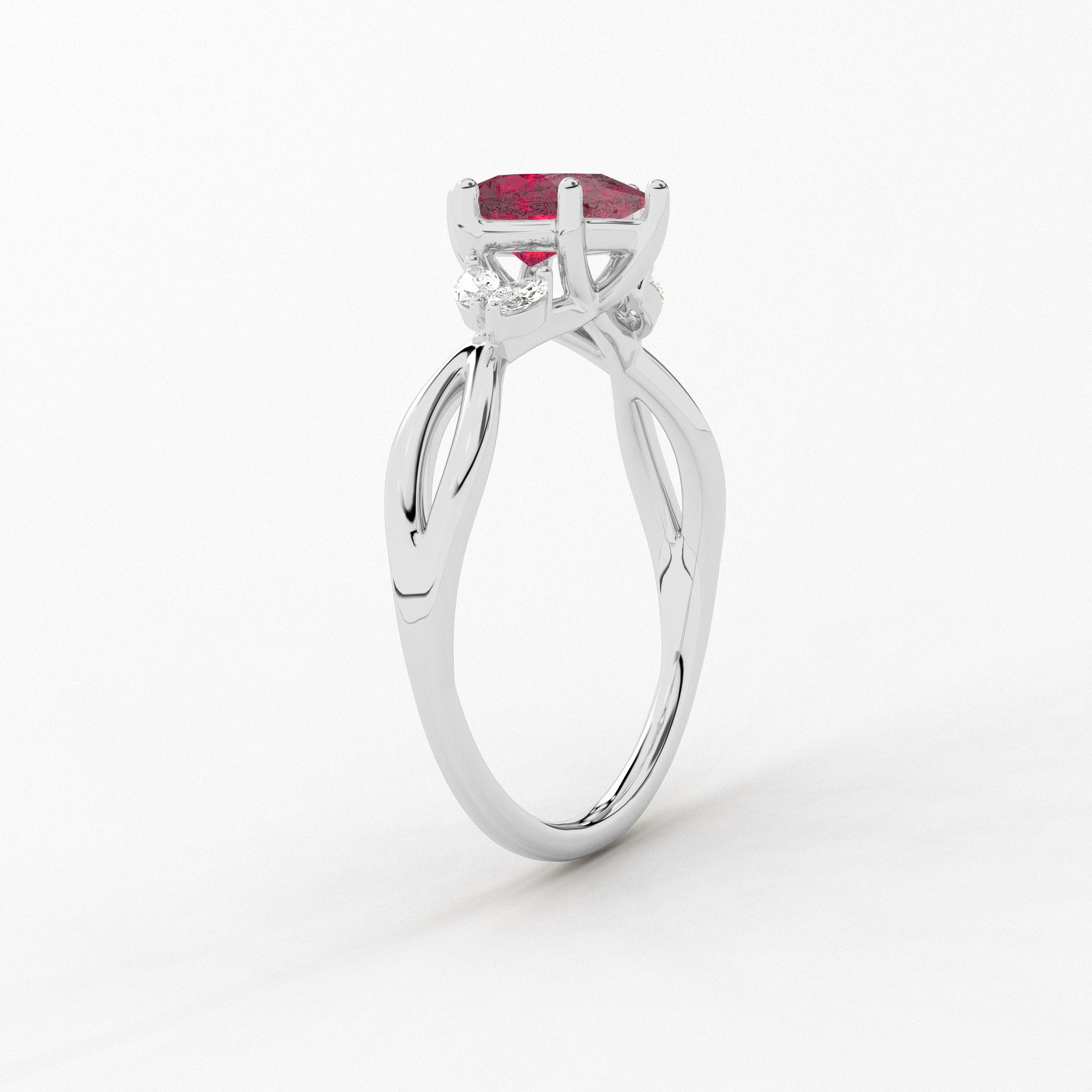 Pear Cut Ruby Moissanite Diamond Engagement Ring In Nature Inspired Ring In White Gold 