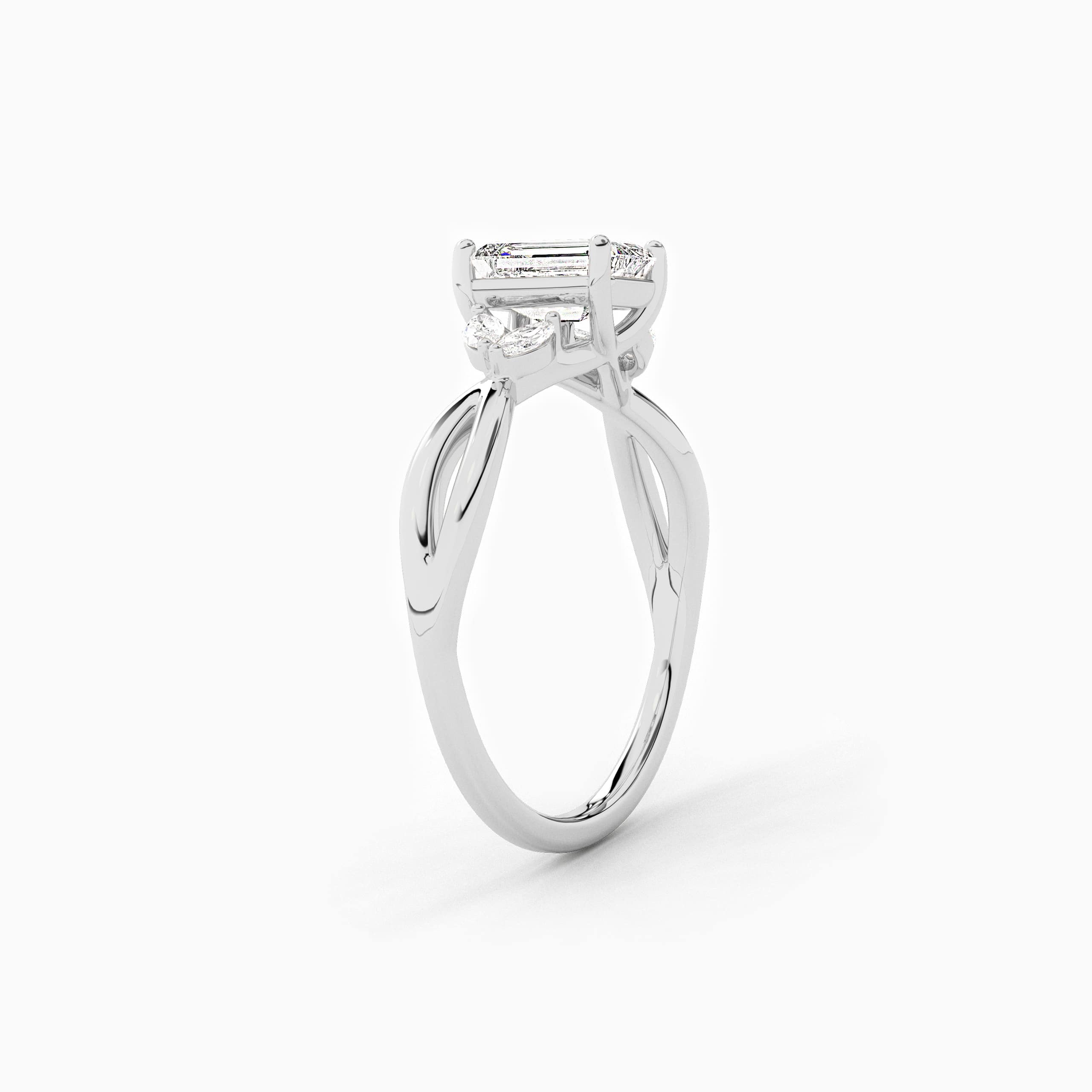 Emerald Cut Twisted Petal Diamond Engagement Ring With White Gold