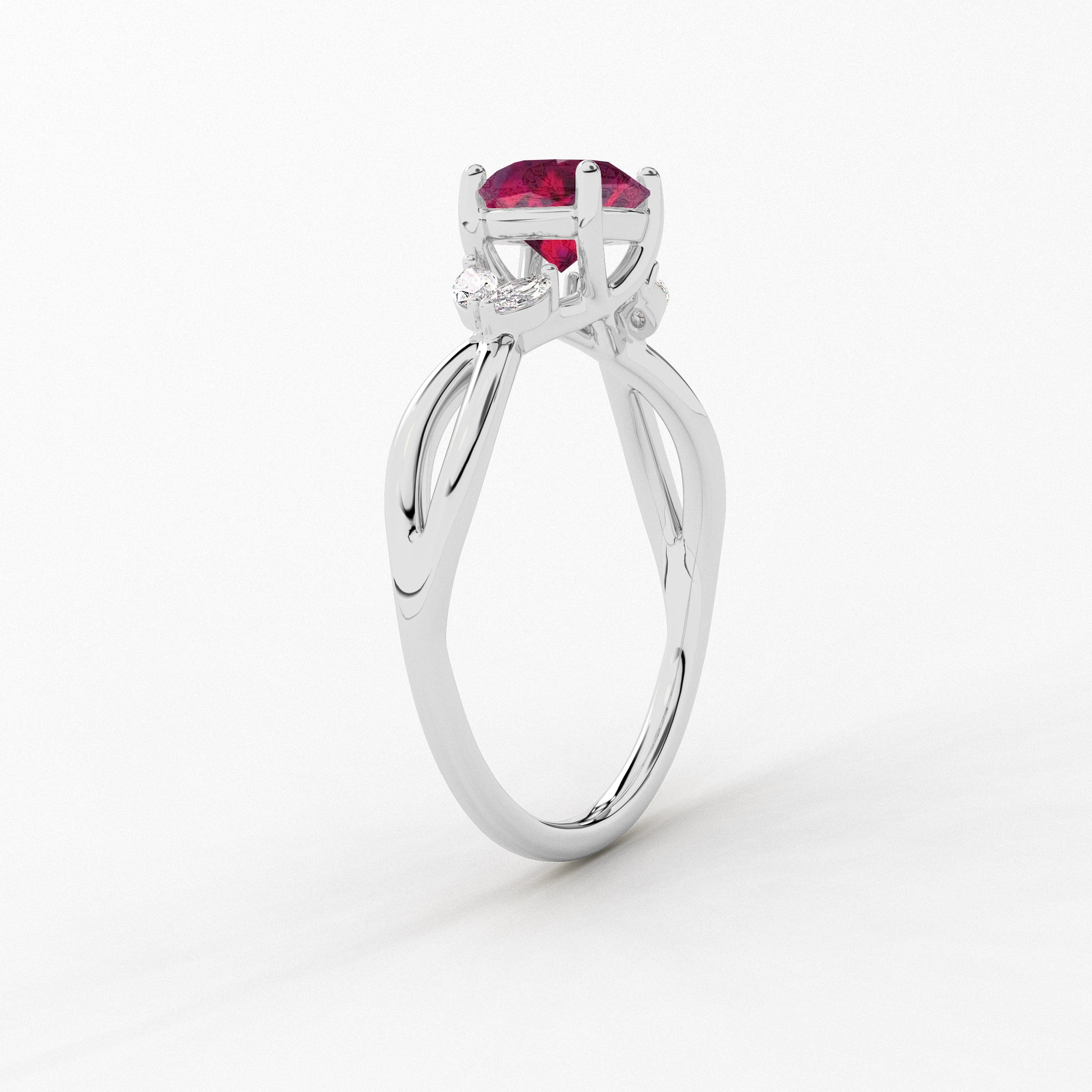 White Gold Round Cut Ruby Lab Grown Diamond Nature Inspired Ring