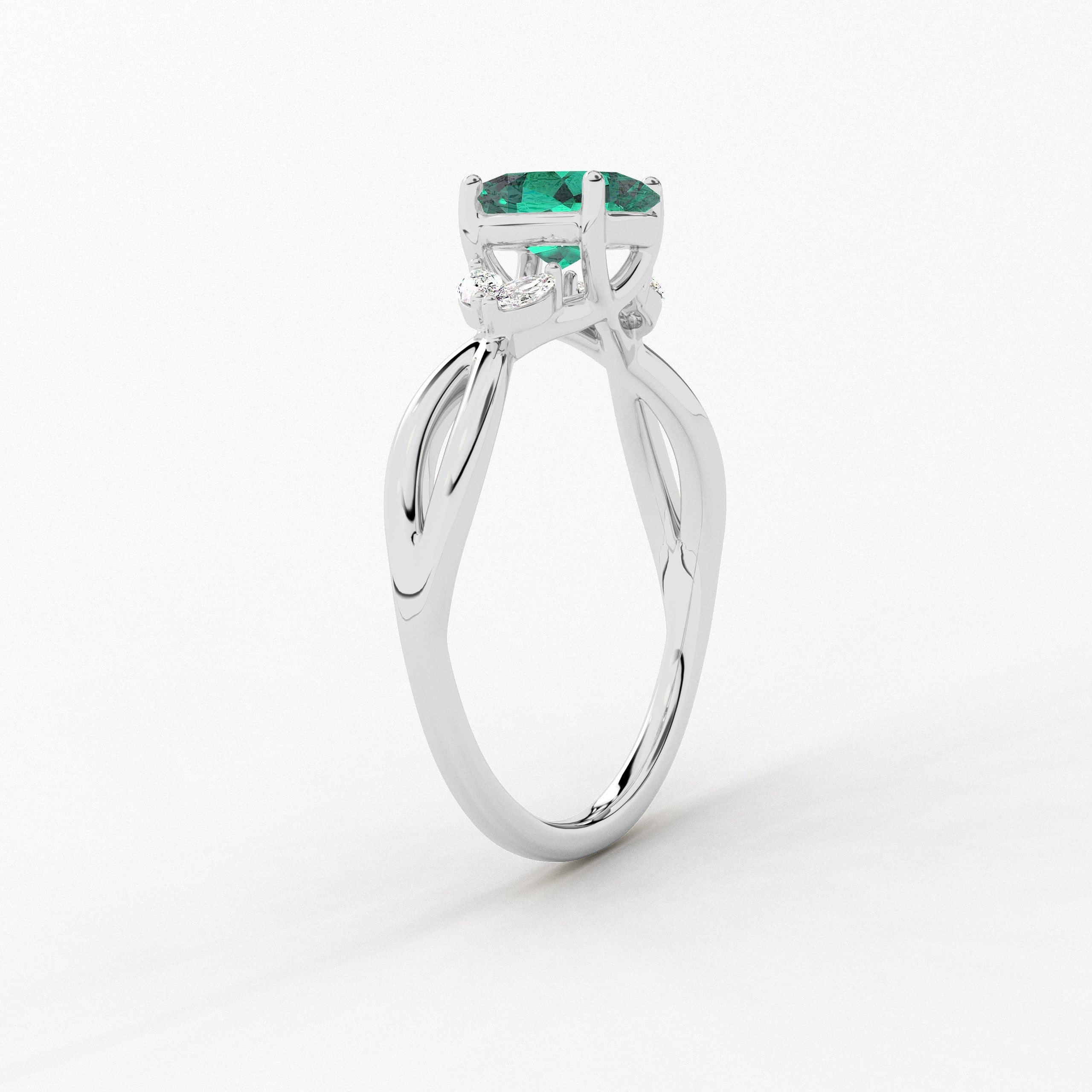 Oval Cut Green Lab Emerald Ring, Unique Nature Inspired Engagement ring in White gold