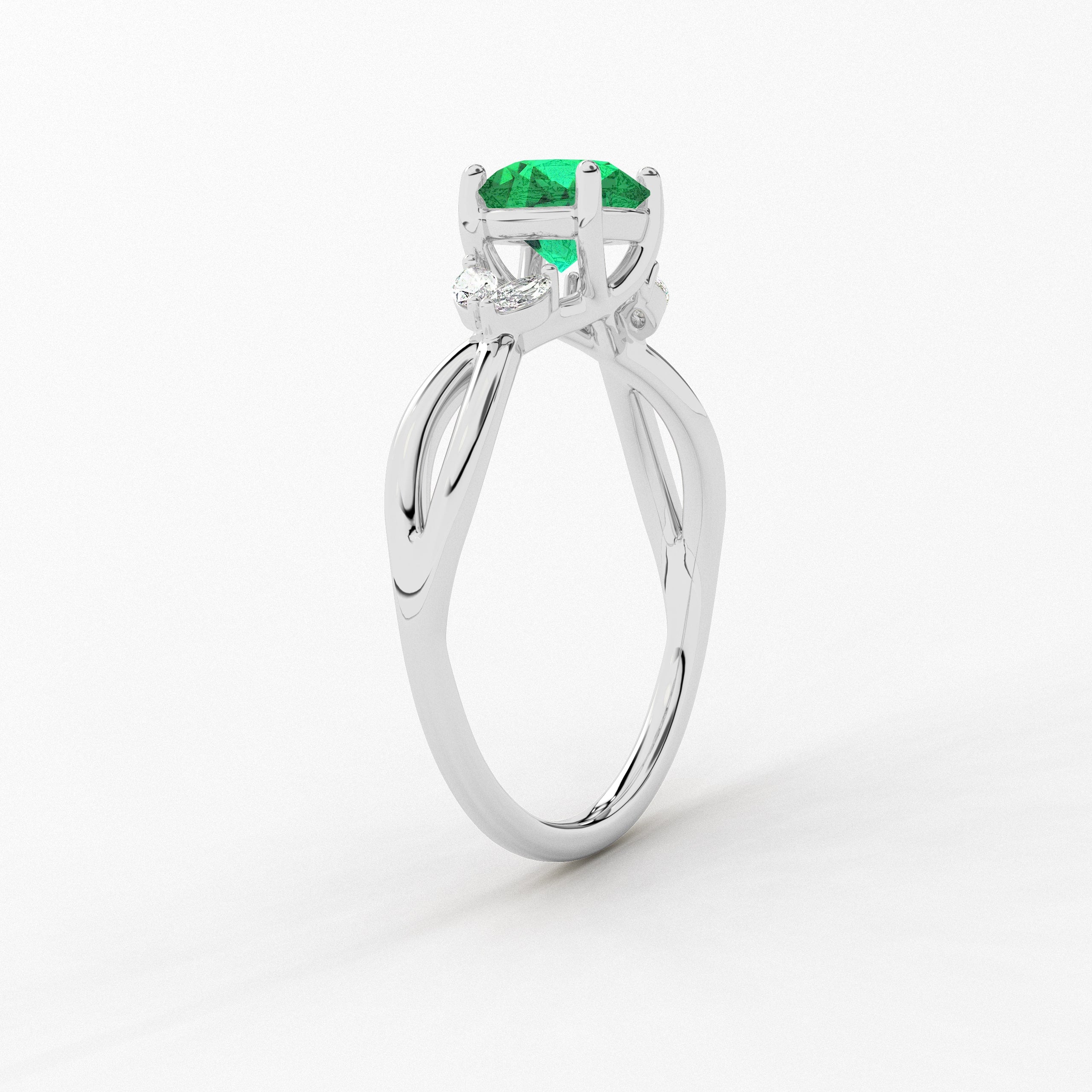 White Gold Round Cut Green Emerald Lab Grown Diamond Nature Inspired Ring