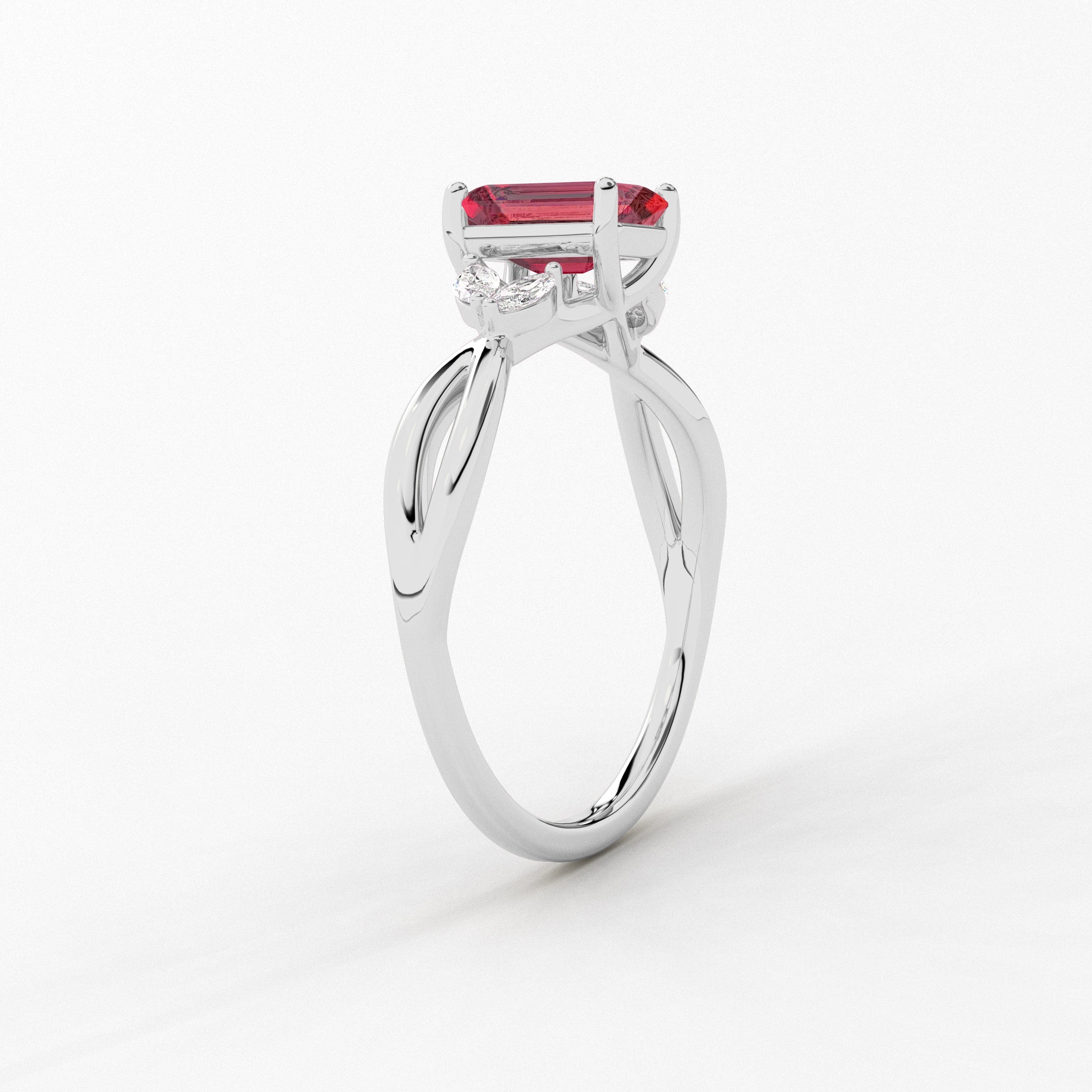 Emerald Cut Ruby Cut Nature Inspired Engagement Ring In White Gold