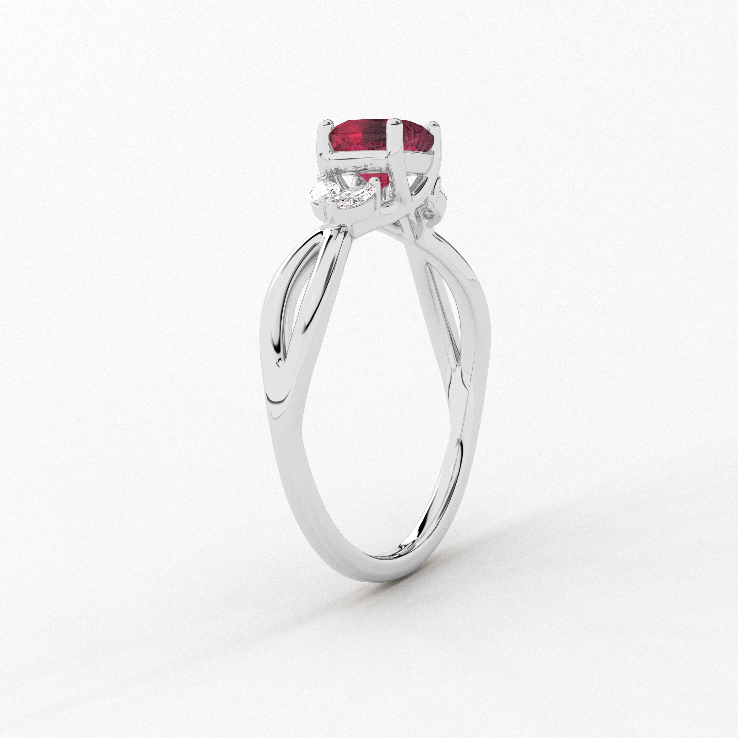 White Gold Cushion Cut Ruby Moissanite Diamond Nature Inspired Ring For Woman