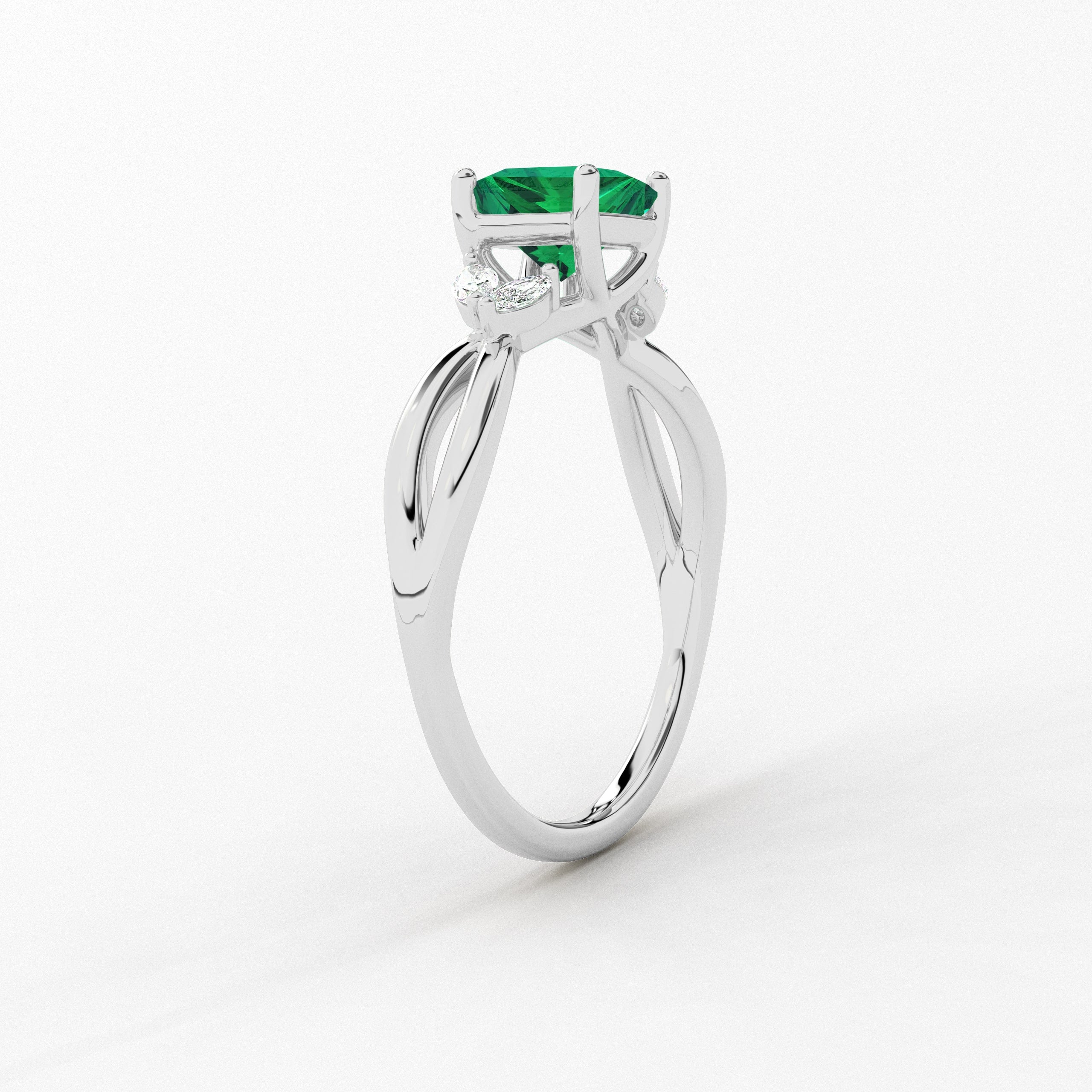 Nature Inspired Wedding Ring In Princes Cut Green Emerald In White Gold