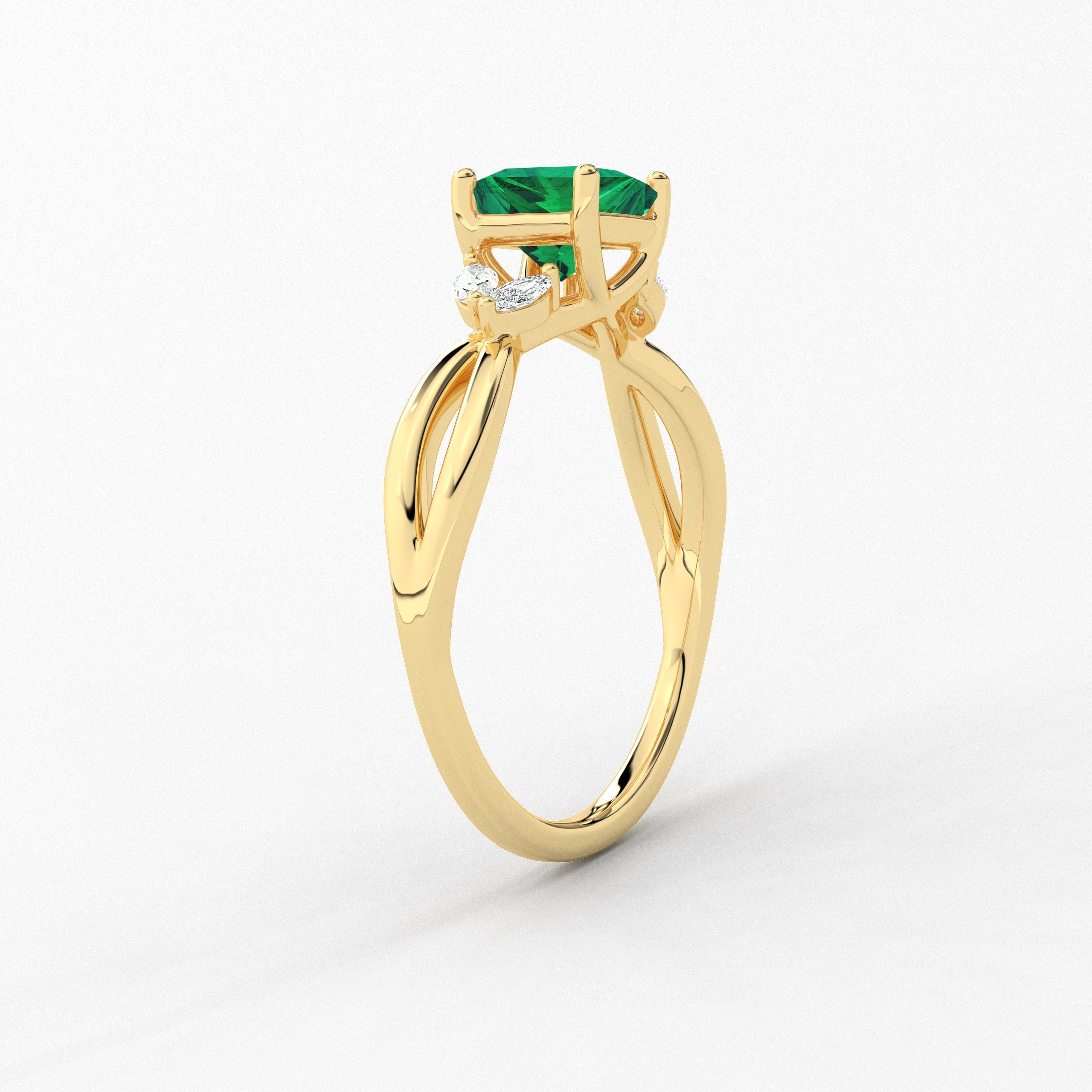 Nature Inspired Wedding Ring In Princes Cut Green Emerald In Yellow Gold